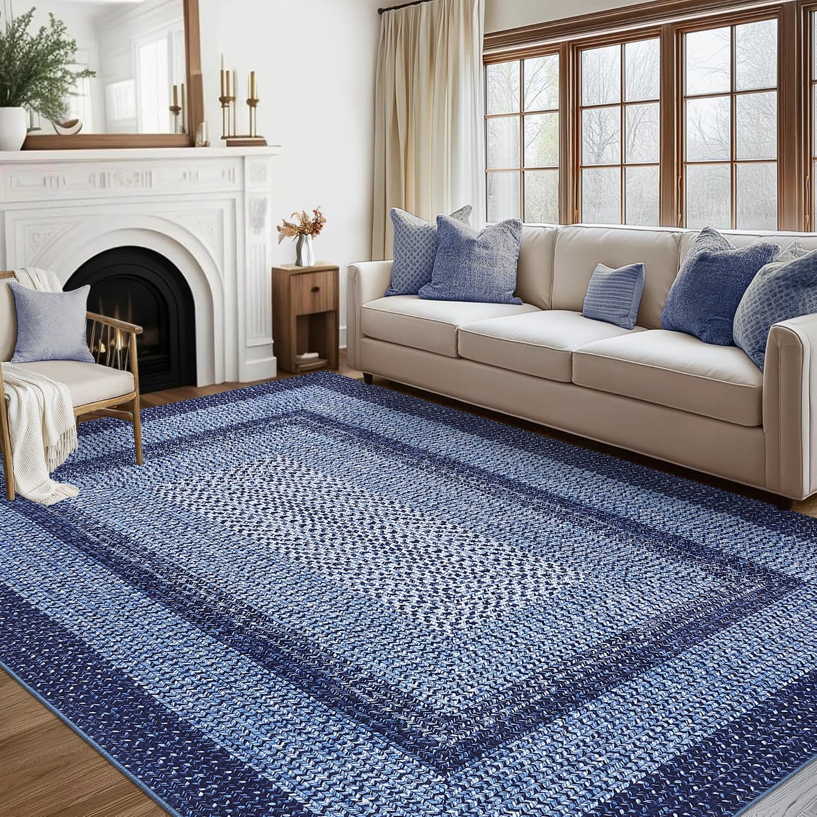 RUGSREAL 9x12 Living Room Rug Large Washable Rug Non Slip Dining Room Boho Braided Print Carpet Indoor Throw Floor Cover Farmhouse Rustic Area Rug