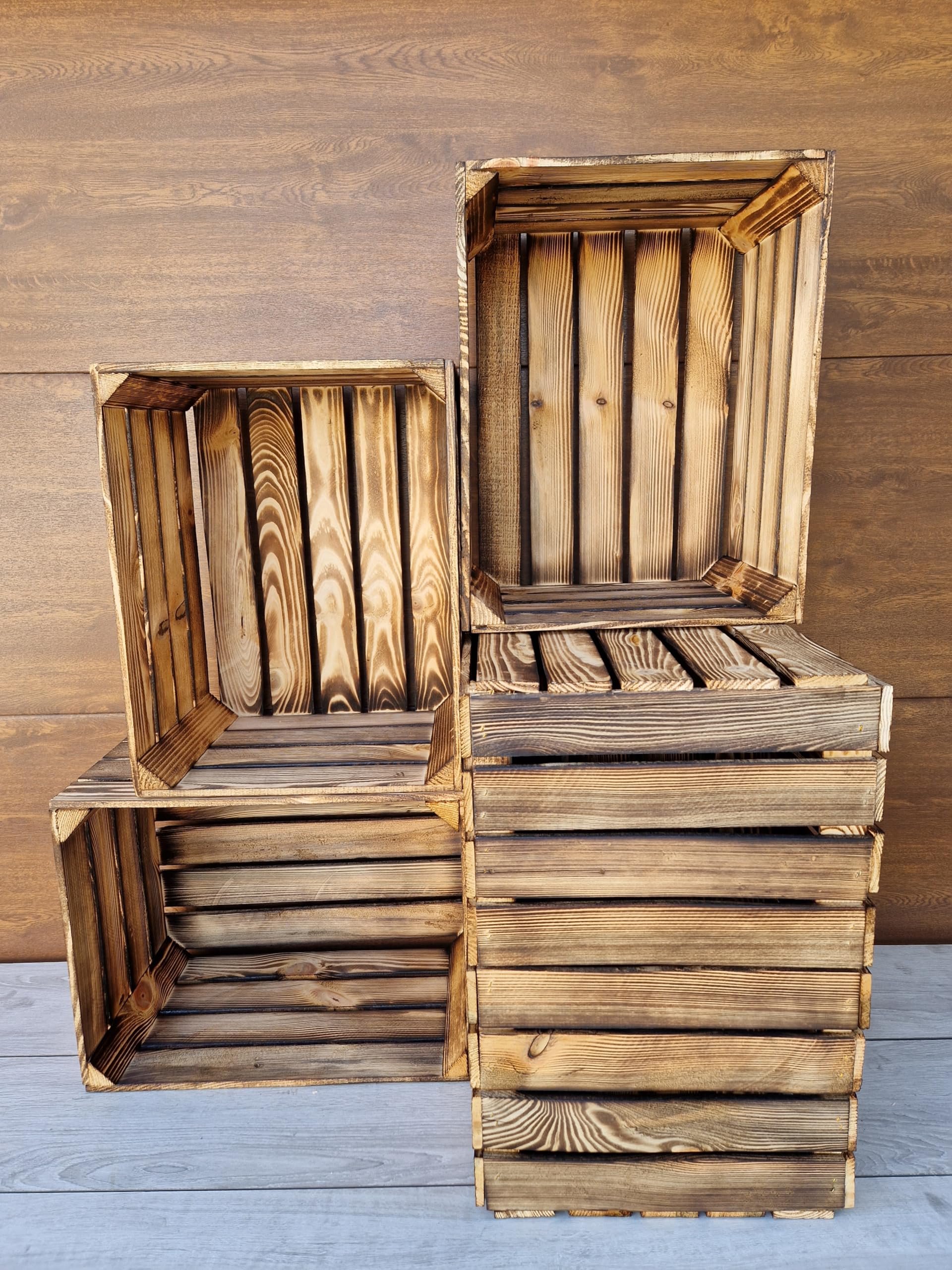 Cassette in Legno Naturale o Effetto Bruciato 50x40x30 cm – Set Portafrutta Decorativo e Contenitore – Resistente, Pulito, Stile Rustico per Casa o Negozio (Effetto Bruciato, 6)