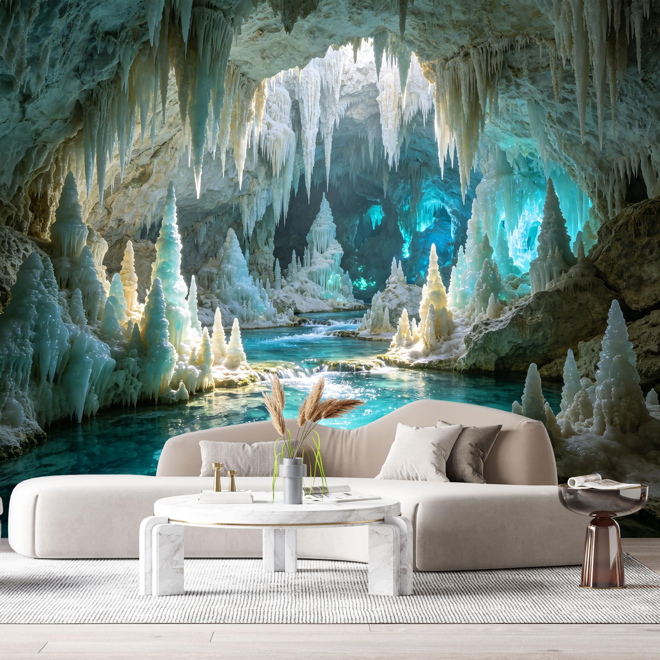 Custom Size Wall Murals Subterranean Cave Landscape 3D Stalactites Stalagmites Underground River SelfAdhesive Wall Fabric Removable Large Wallpaper for Photo Living Room