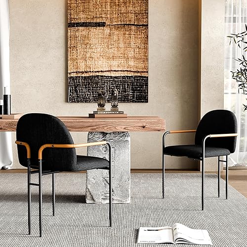 Miniatura 3 de Silla de comedor moderna de tela negra de lino con respaldo curvo, patas de metal y reposabrazos de cuero, sillón moderno de mediados de siglo