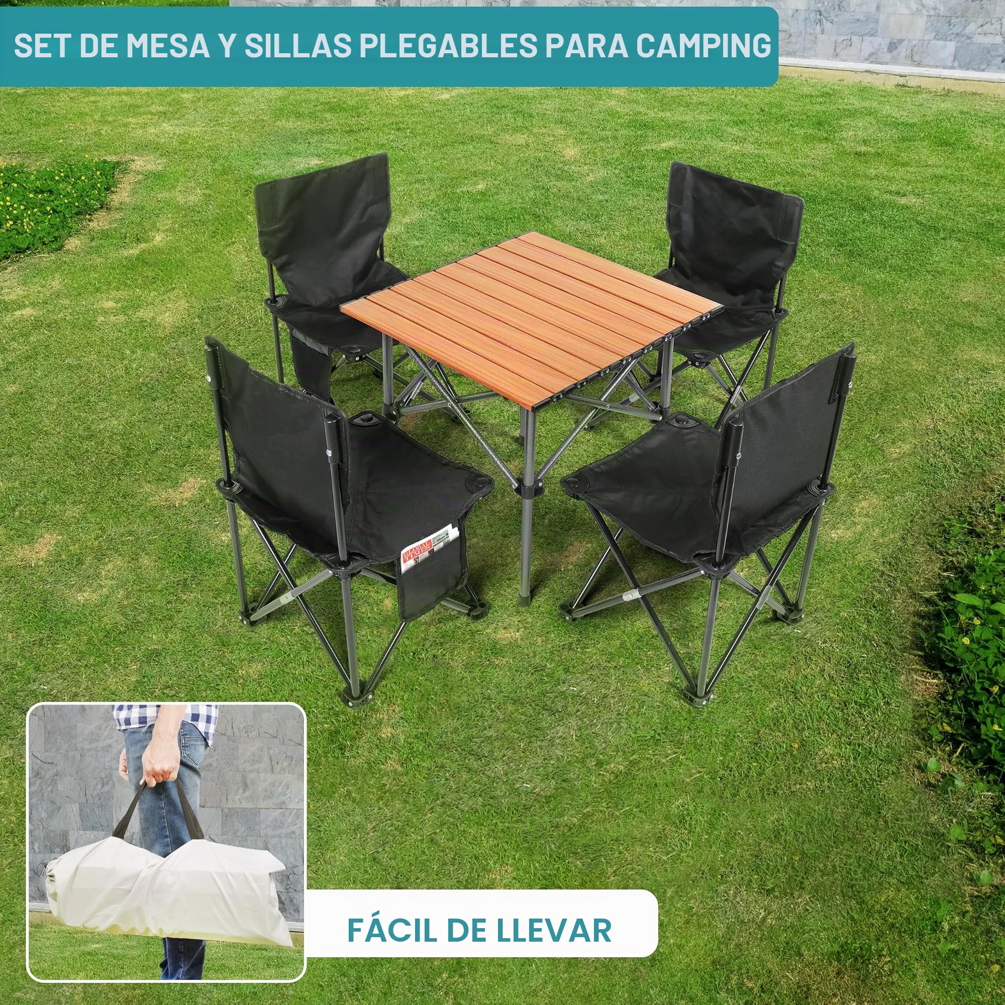 BELLE VOUS (5 Piezas Set de Mesa Plegable con Sillas Negras - Pack de Silla Plegable y Portátil para Usar en Exteriores e Interiores - para Pícnic, BBQs, Patio en el Jardín y Viajes