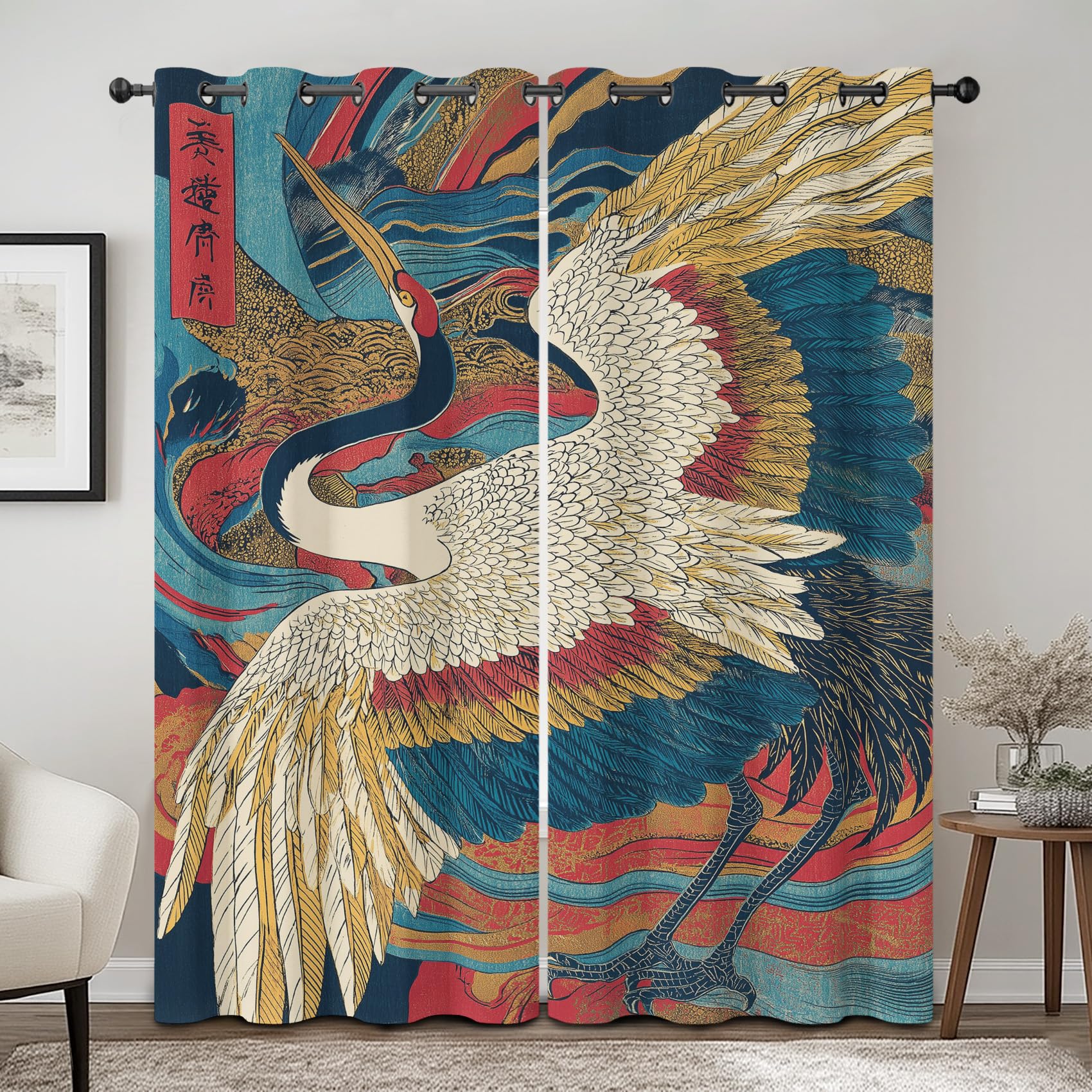 Rideau Occultant Japonais, Rideaux Motif Oiseau, pour Salon et Chambre, Rideau Opaque à Oeillets, Oriental Isolant Thermique Lot de 2 Rideaux et Draperies Intérieur 140x240cm LxH -Blanc