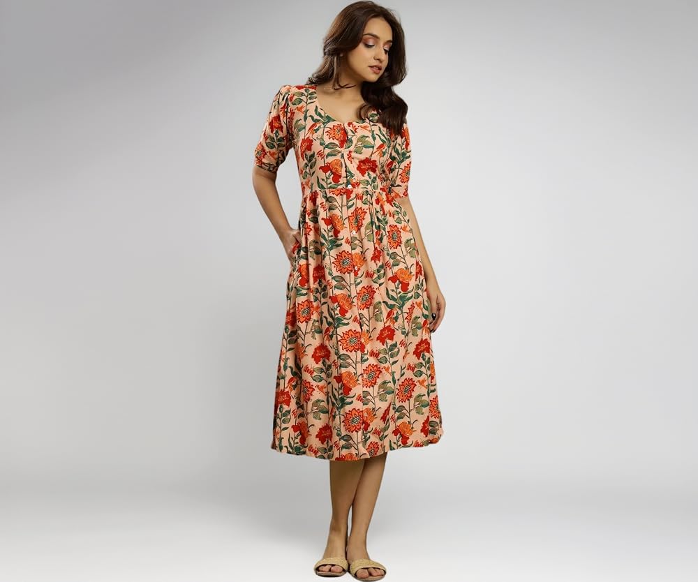 4. Negen Cotton Floral Tiered Fit & Flare Midi Dress