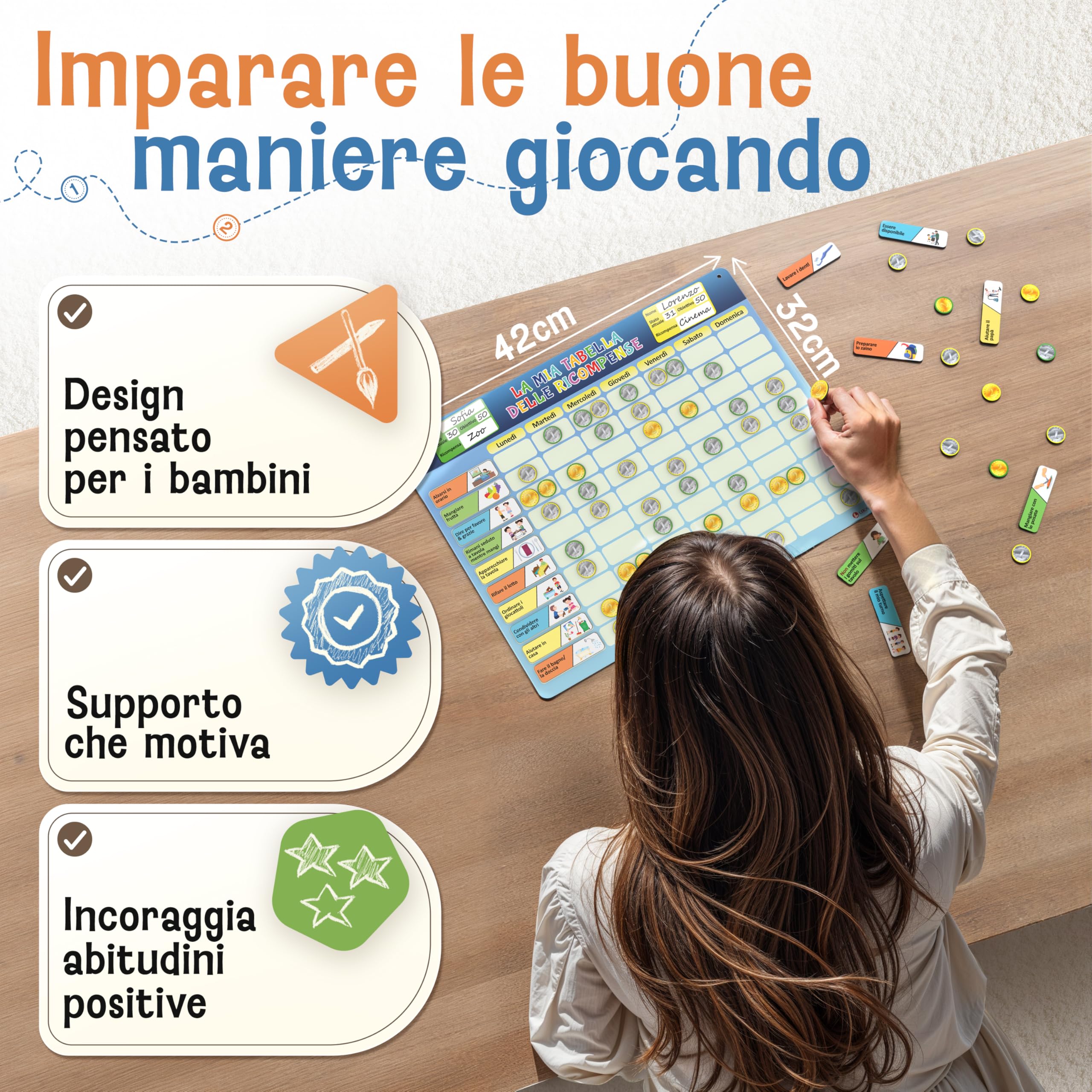 LIKARTO® Tabella delle ricompense per bambini - incl. 280 magneti - Sistema di ricompense per bambini, agenda dei compiti Montessori, indipendenza ludica, tabella magnetica, tabellone dei premi