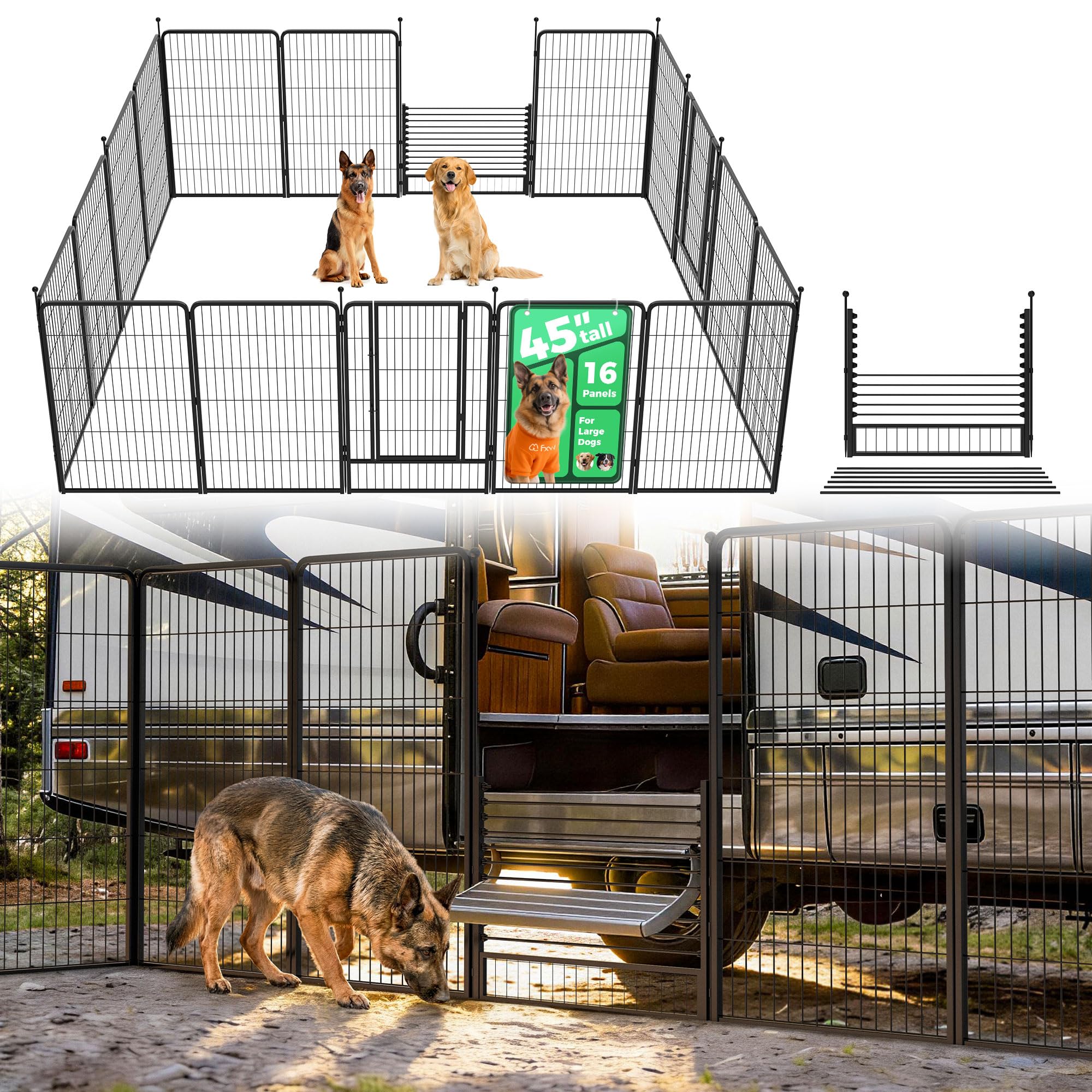 FXW Instant Dog Playpen with RV Step Grid for RV Camping, 45" H, 16 Panels