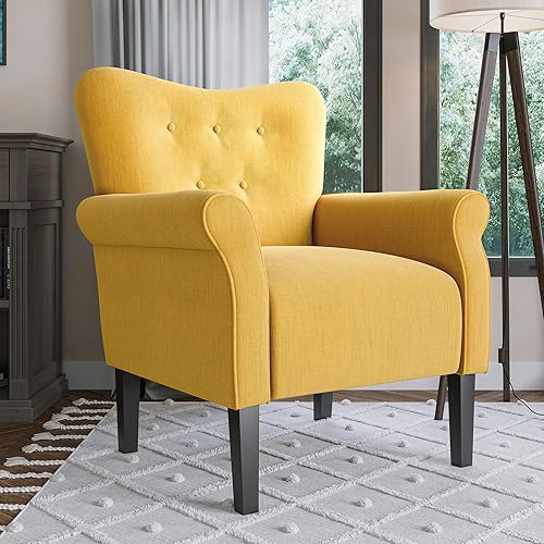 Miniatura 6 de BELLEZE Silla decorativa moderna, sillón de respaldo alto, silla lateral tapizada con respaldo alado, sofá individual acolchado con patas de madera