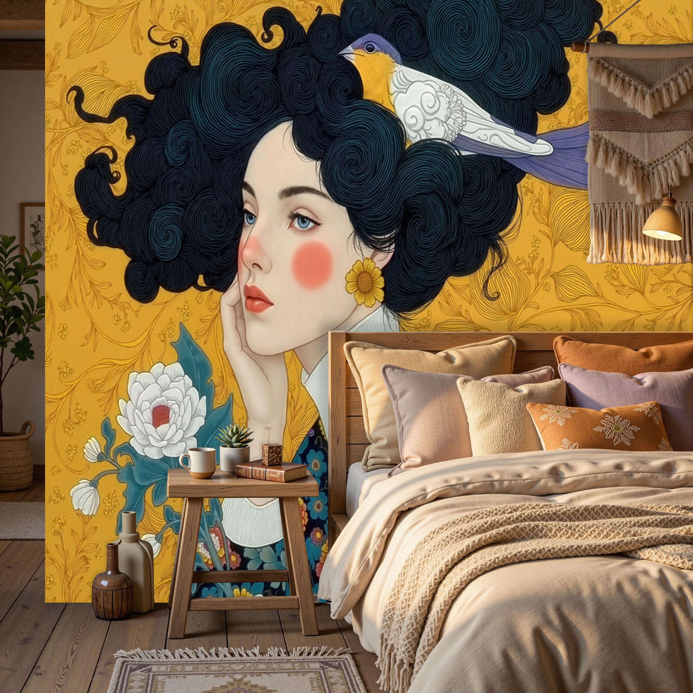 Papier peint panoramique 3D animaux oiseaux fleurs et portrait femme pour murale