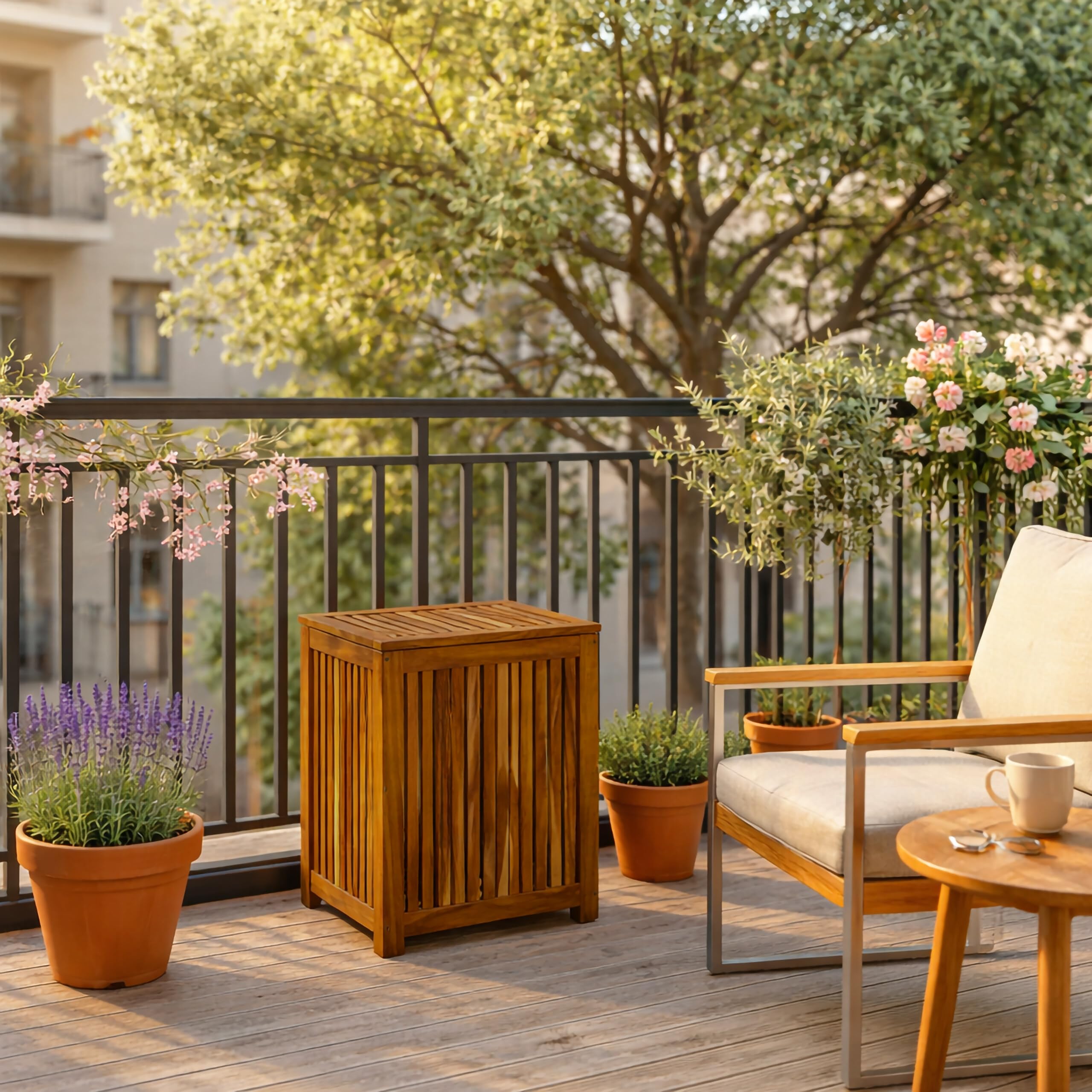 Relaxdays Cassapanca da giardino 60x60x50 cm in legno di acacia, naturale | con fodera impermeabile, cuscini e attrezzi