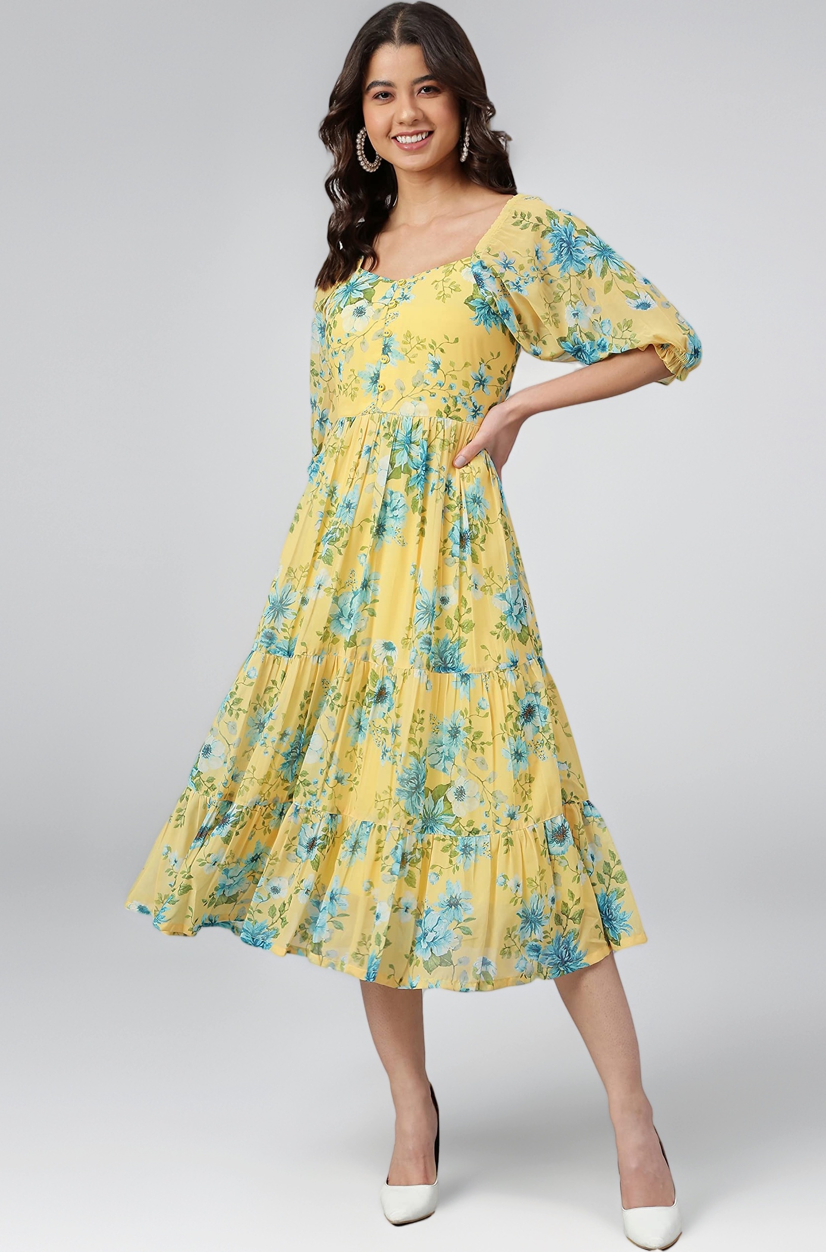 Janasya Women's Georgette Floral Printed Flared Western Dress