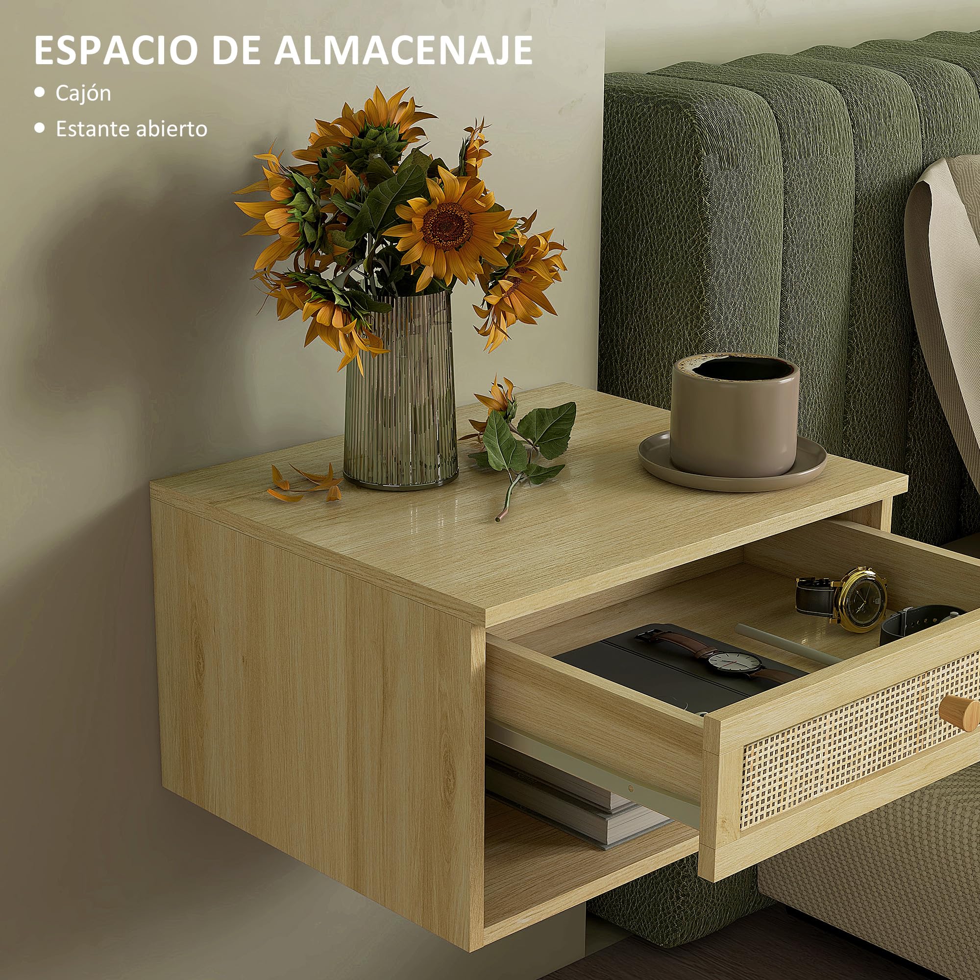HOMCOM Juego de 2 Mesitas de Noche Flotantes de Pared 40x34x23 cm Natural | con Cajón de Ratán y Estante Abierto, Mesillas de Noche Dormitorio, Estilo Nórdico, para Sala de Estar