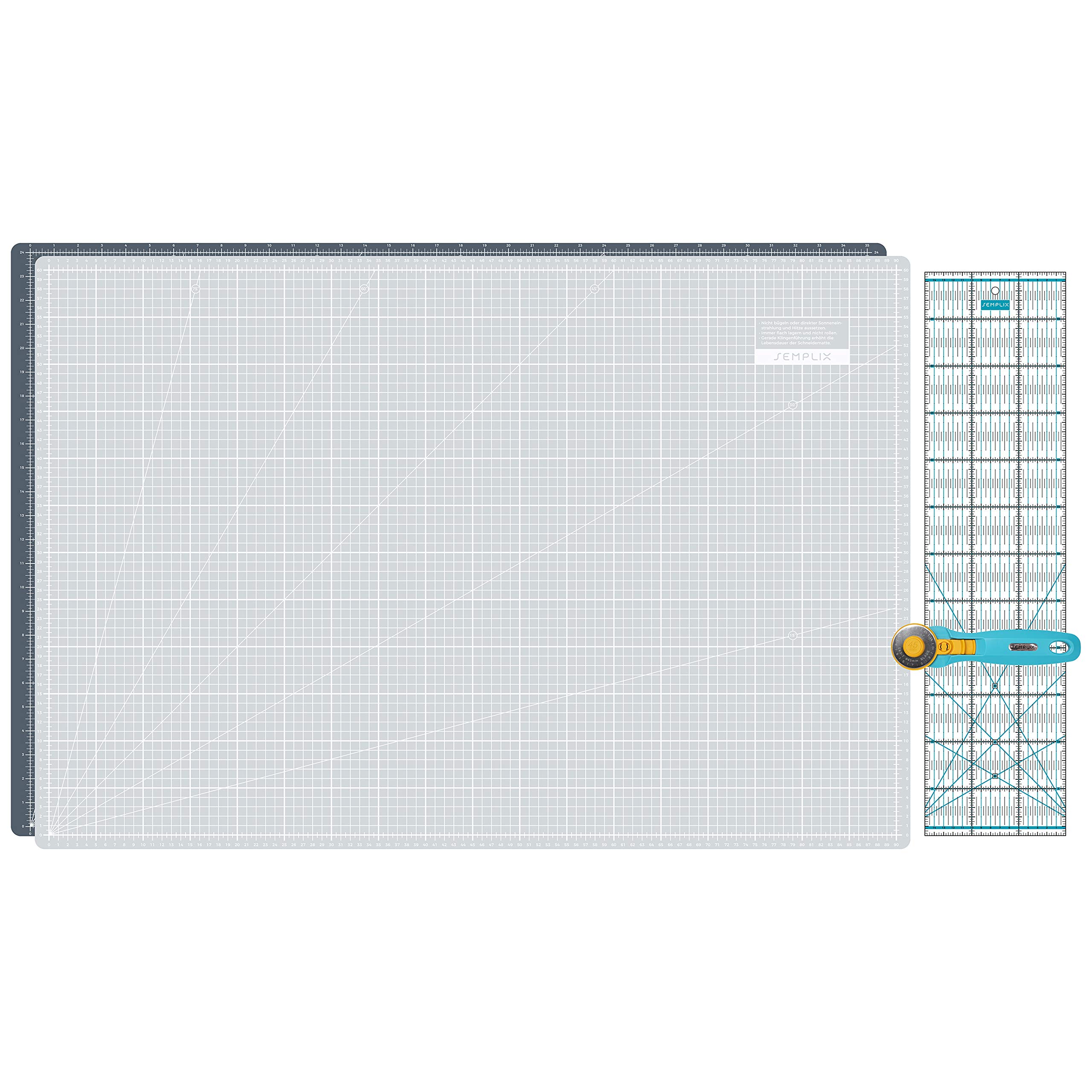 SEMPLIX Zestaw mat do cięcia – podkładka do cięcia 90 x 60 cm (A1), nóż krążkowy Maxi 45 mm, linijka Patchwork 60 x 15 cm (szara/turkusowa)