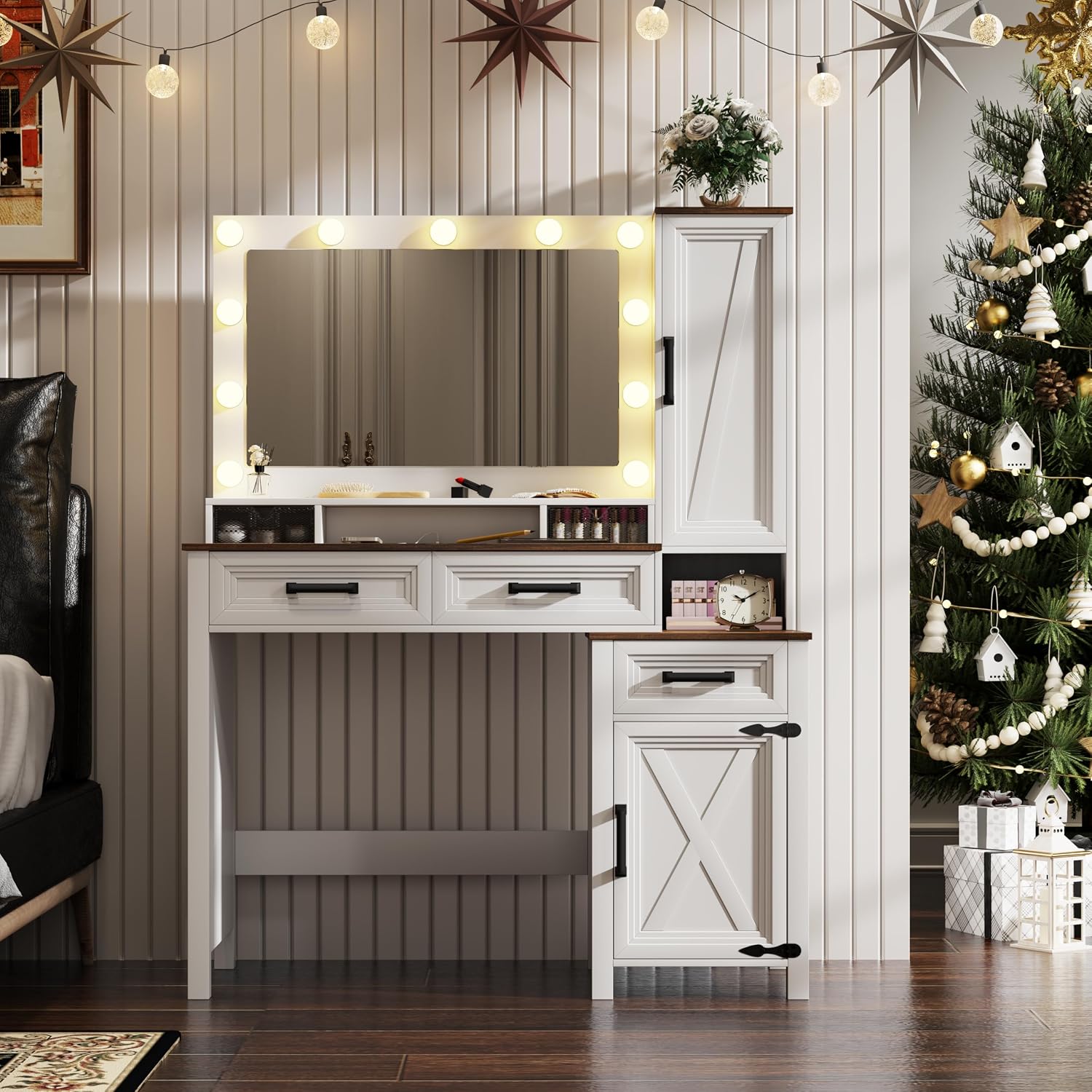 ChicFurnit Makeup Vanity, Vanity Desk with Square Mirror,Tricolor Lighting Adjustment & Built-in Charging Station, Farmhouse Vanity with 2 Drawers, Side Cabinet & Open Storage Space, Vintage Brown