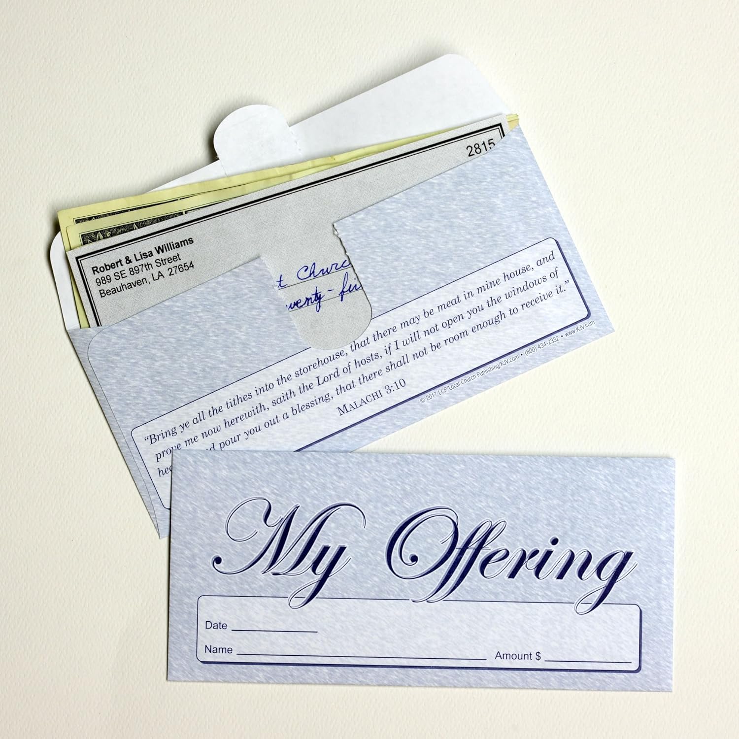 My Offering - Church Tithe/Donation Envelopes – Blue, Simple Design, Easy-open Tab, Fits Bills & Checks, Name, Date & Amount, Malachi 3:10 KJV Verse, Choose Your Quantity (125, 250, 500)