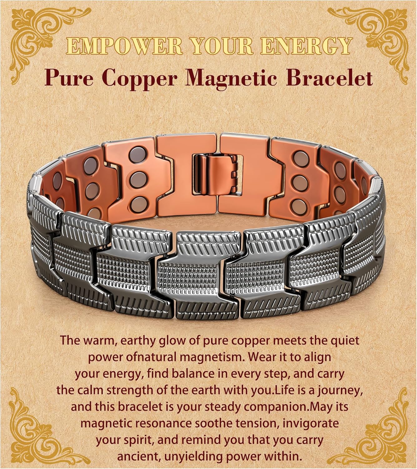 Copper Bracelet for Men Pure Copper Magnetic Bracelets for Mens Handmade Adjustable Bracelet With 3-Row Powerful Magnets Jewelry Gifts For Men With Sizing Tools