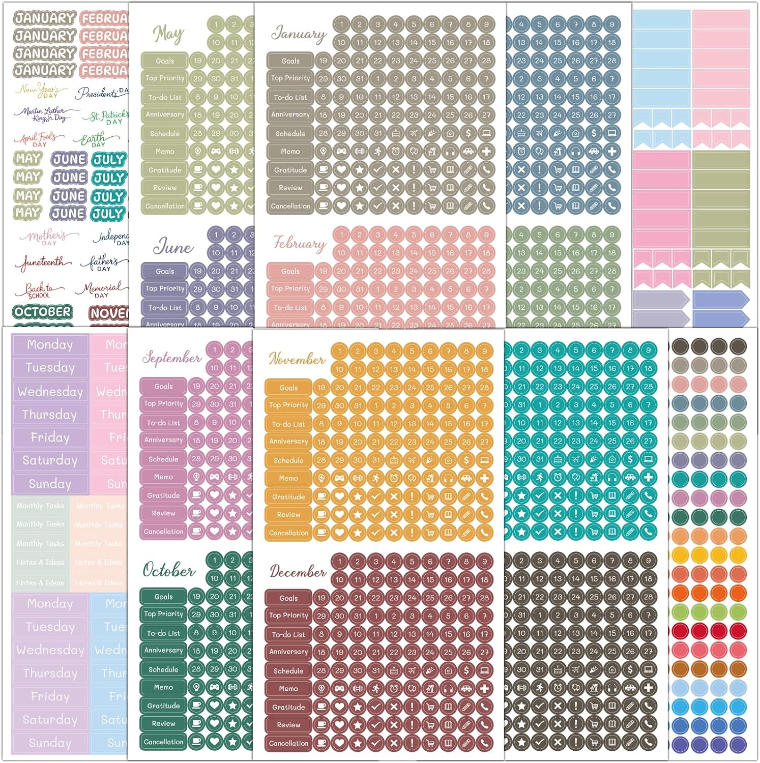 1917 Pcs Date Dot Stickers for Daily Planner Calendar Bullet Journal Notebook, Monthly Weekly Headings, Dates, Icons, 1/5 inch Dots, 10 Sheets