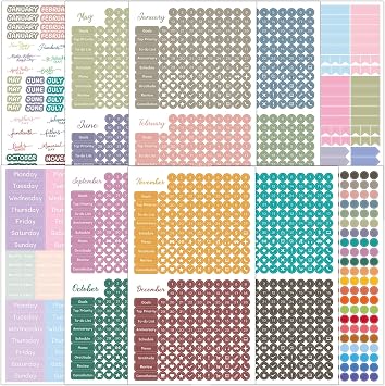 1917 Pcs Date Dot Stickers for Daily Planner Calendar Bullet Journal Notebook, Monthly Weekly Headings, Dates, Icons, 1/5 inch Dots, 10 Sheets