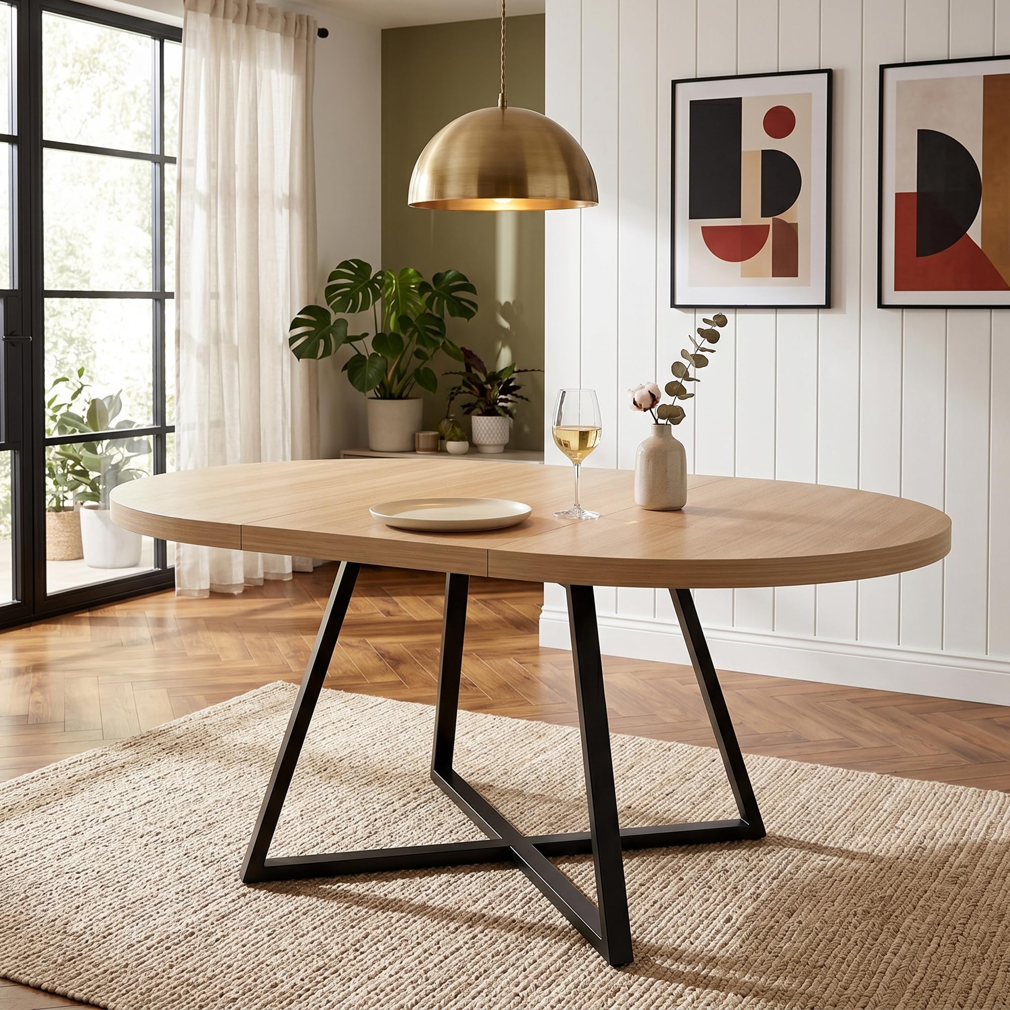 Okrągły wysuwany stół do jadalni 100/140 x 100 cm dla 4-6 osób, blat stołu MDF o grubości 3 cm ze stabilnymi metalowymi nogami, zajmuje mało miejsca do jadalni, kuchni, salonu (wygląd dębu)