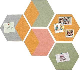 Tableau en liège mural autocollant – 5 panneaux hexagonaux 18×20 cm (ép. 6 mm) – avec 12 accessoires (6 punaises + 6 pinces) – pêle-mêle/moodboard, panneau d’affichage maison & bureau
