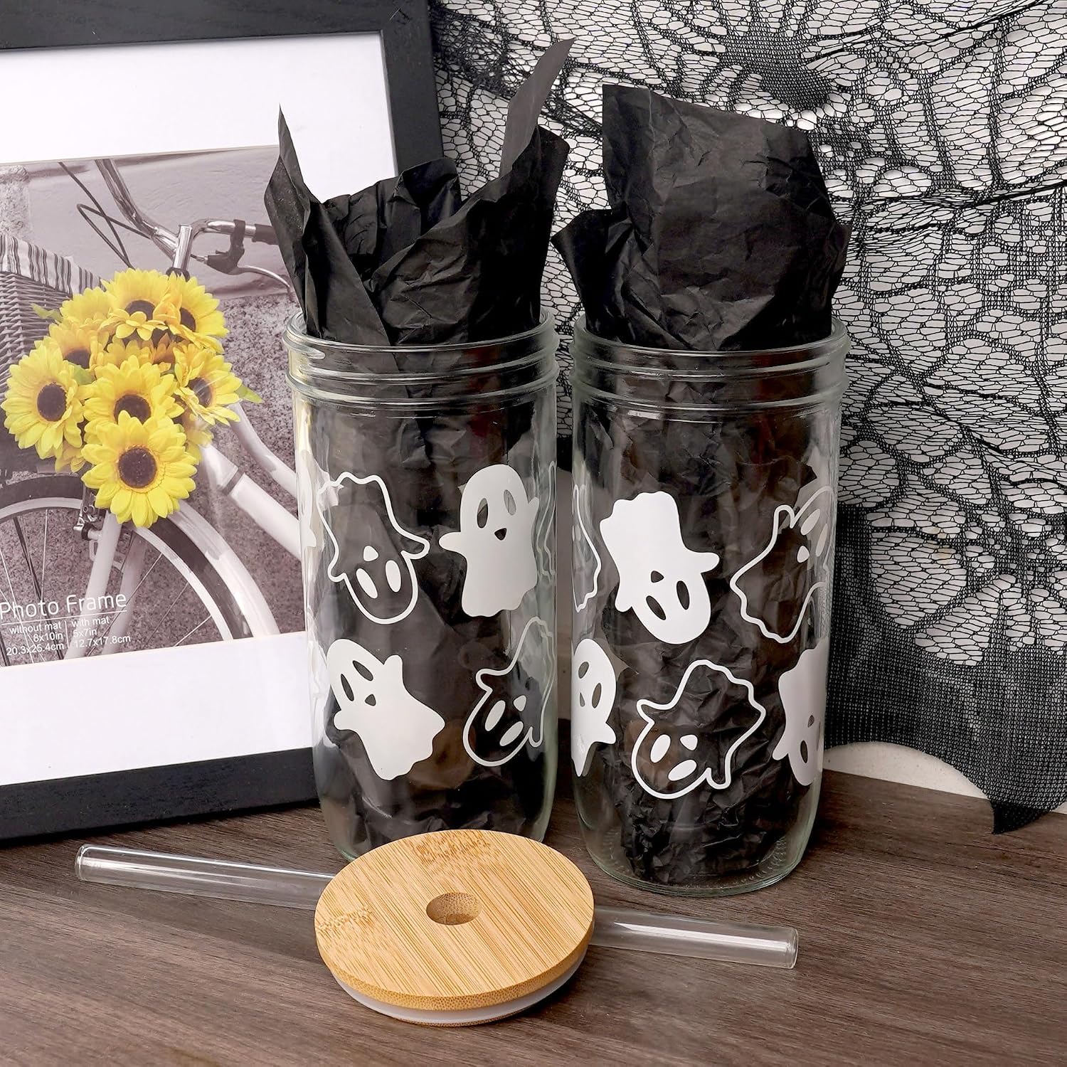ANOTION Halloween Cups, Ghost Decor 24 Oz Mug Mason Jar Glass with Lids and Straws Tumblers Coffee Cups Cookie Jar Boo Basket Stuffers for Adults, Halloween Cups for Adults, Ghost Cup