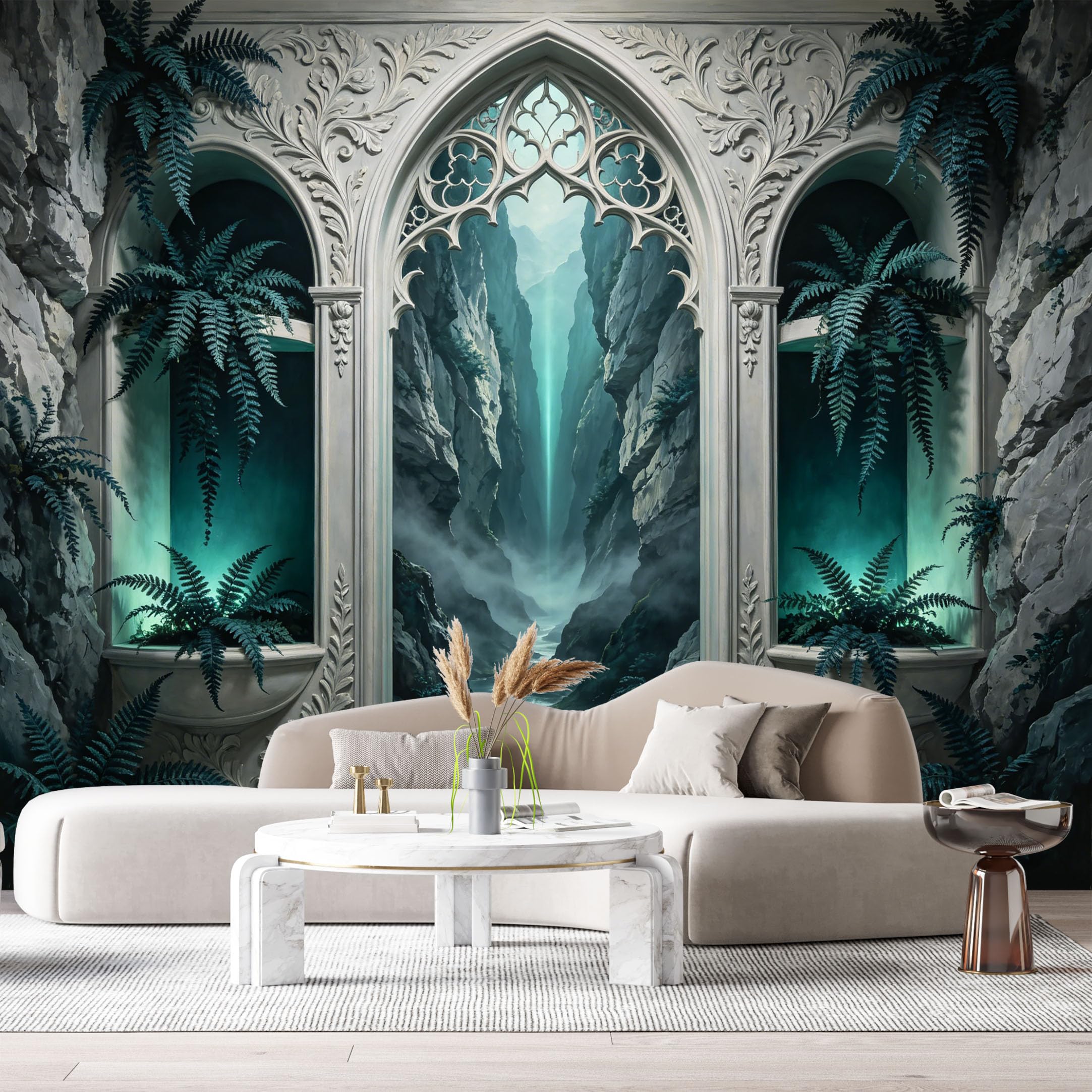 Custom Size Wall Murals Gothic Fantasy Archway Misty Canyon River Teal Blue 3D Trompe L'Oeil SelfAdhesiveWall Fabric Removable Wallpaper Wall Decor for Living Room Bedroom Bathroom