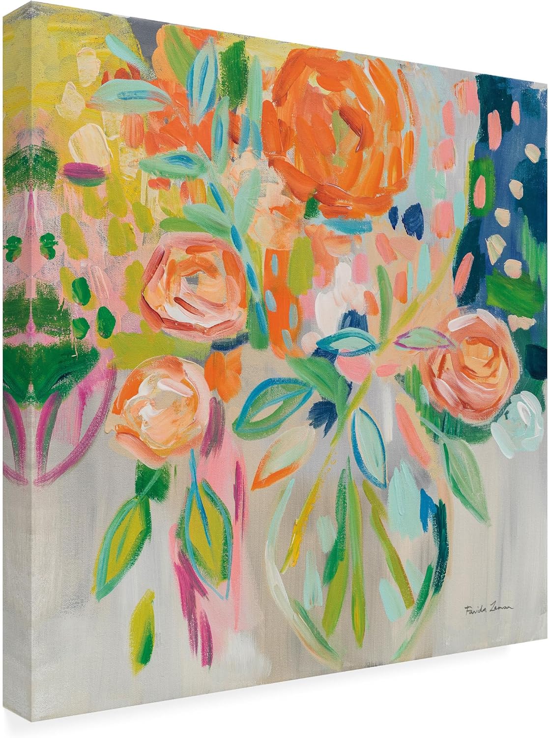 Wrapped Canvas Wall Art - Farida Zaman 'Summer Orange Floral' Wall Art for Living Room, Bedroom, or Office Décor - 35x35