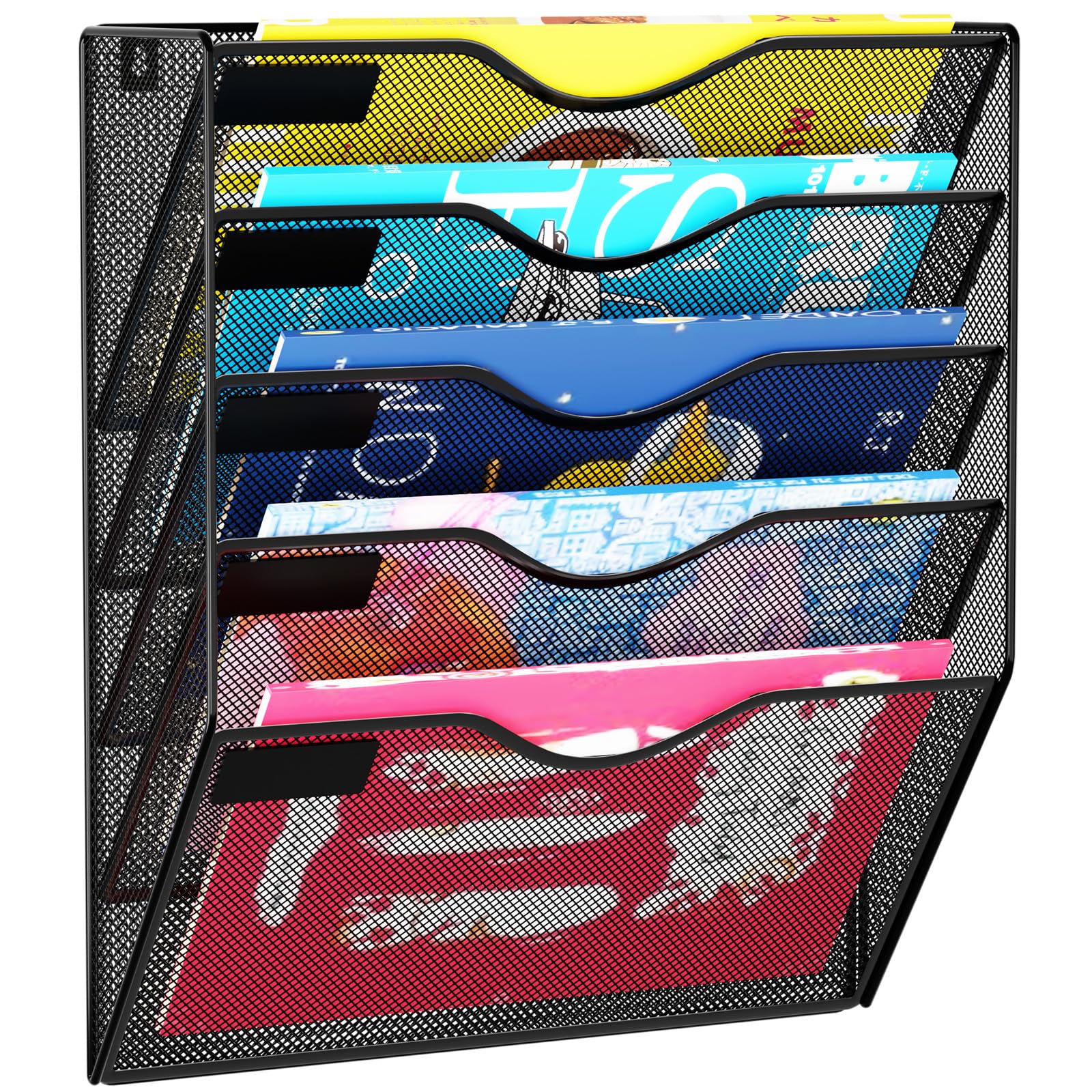 5 Pockets Mesh Hanging Wall File Holder Organizer Wall Mounted Paper Magazine Rack, Black