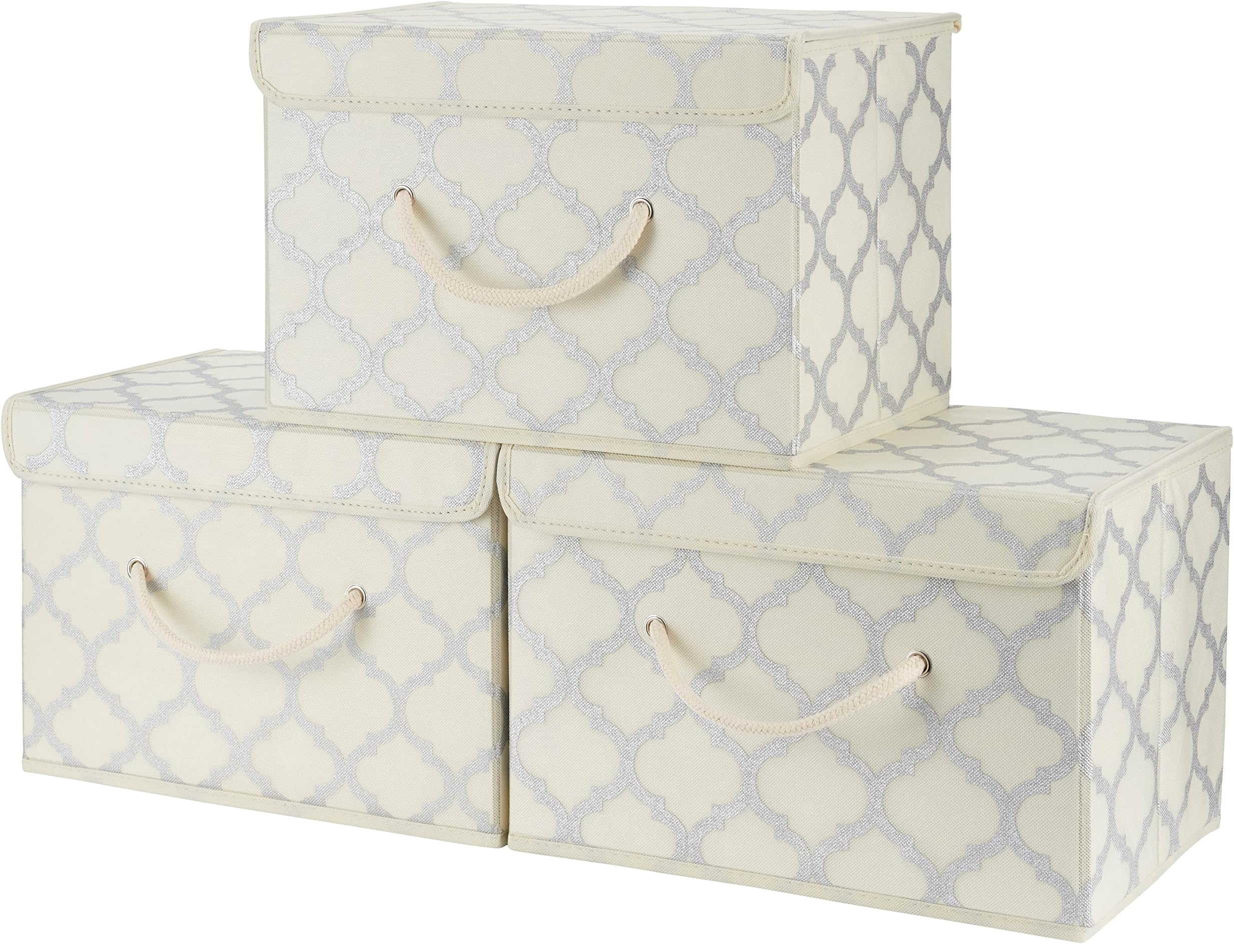 Cream/Metallic Fabric Storage Boxes with lids, Stackable and Foldable. For wardrobes, shelves, clothes, bedroom, office, cupboard, keepsake box, crafts, toys, shoes, socks. Rope Handle 3pk 37x25x25cm