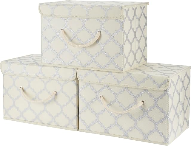 Storage Boxes with lids, Fabric, Stackable, Foldable. For wardrobe, shelves, clothes, bedroom, office, cupboard, keepsake memory box, crafts, toy, shoe, sock, knitting. Cream/metallic grey 3pk