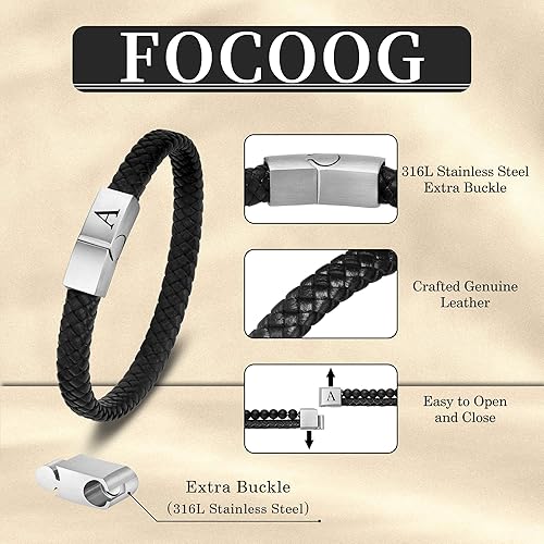 Miniatura 6 de Pulsera de cuero para hombre, regalos de Navidad, cuero de alta calidad, cierre magnético ajustable, pulsera con inicial significativa para hombres,