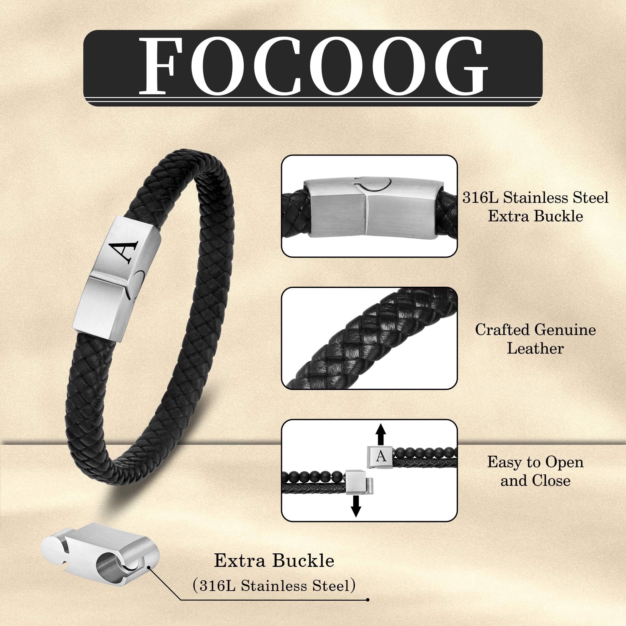 FOCOOG Leather Bracelets for Mens Gifts - Premium Genuine Leather Adjustable Stainless Steel Magnetic Clasp Mens Initial Bracelet, Unique Gifts for Men Husband Dad Son
