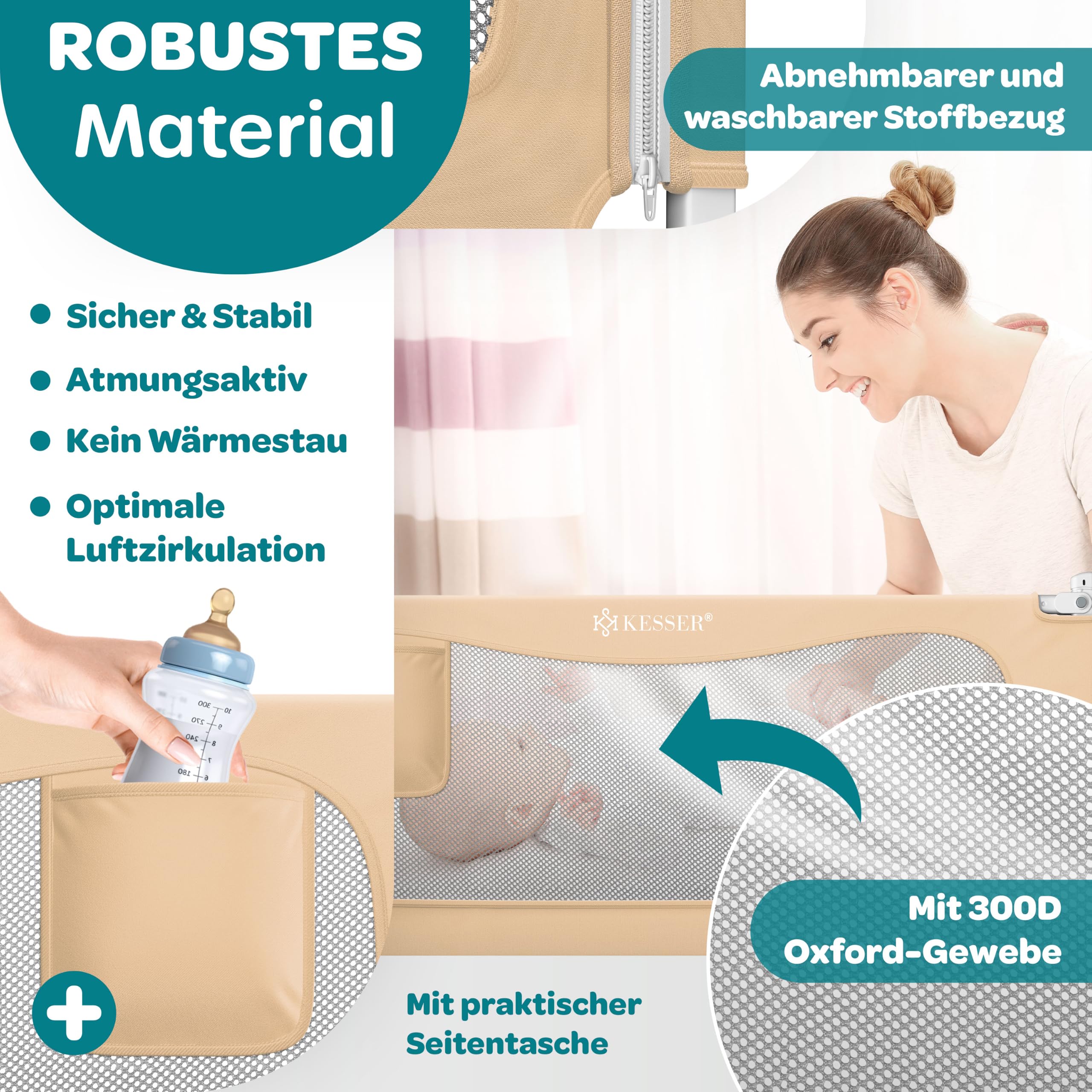 KESSER® Bettschutzgitter 180 cm, Bettgitter Kinderbett höhenverstellbar | Rausfallschutz Bett für Baby & Kleinkind mit Kindersicherung, vertikal absenkbar, leicht montierbar, waschbar, Beige