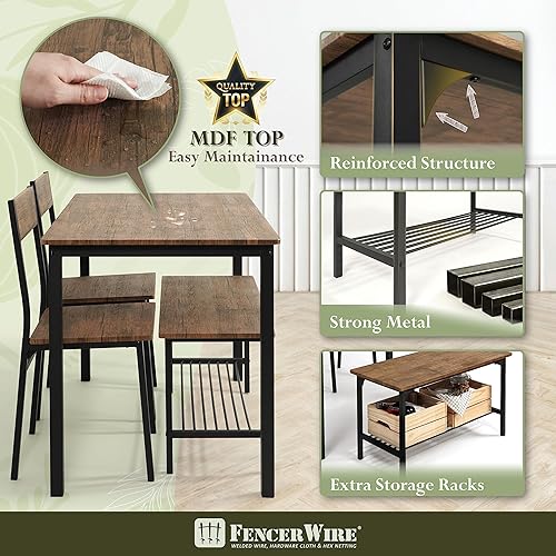 Miniatura 4 de Fencer Wire Juego de mesa de comedor de 4 piezas para 4 con banco y sillas mesa rectangular banco y dos sillas juego de comedor que ahorra espacio