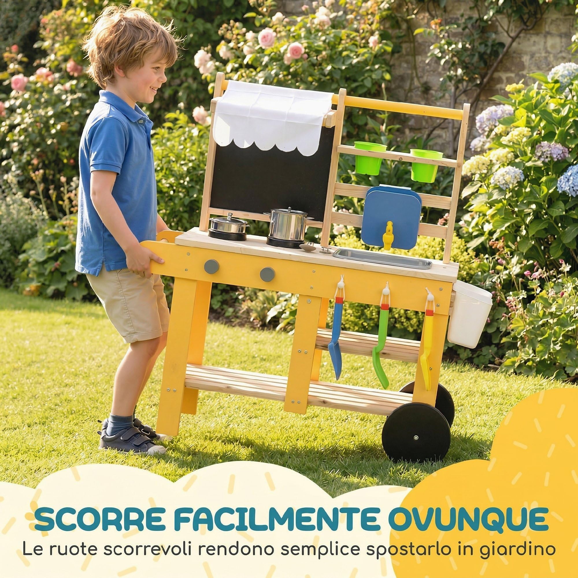 AIYAPLAY Cucina Giocattolo per Bambini, Cucina in Legno per Bambini con 2 Portavasi, Ruote, Fornello, Lavagna, Lavandino, Ripiano e 15 Accessori, 3+ Anni
