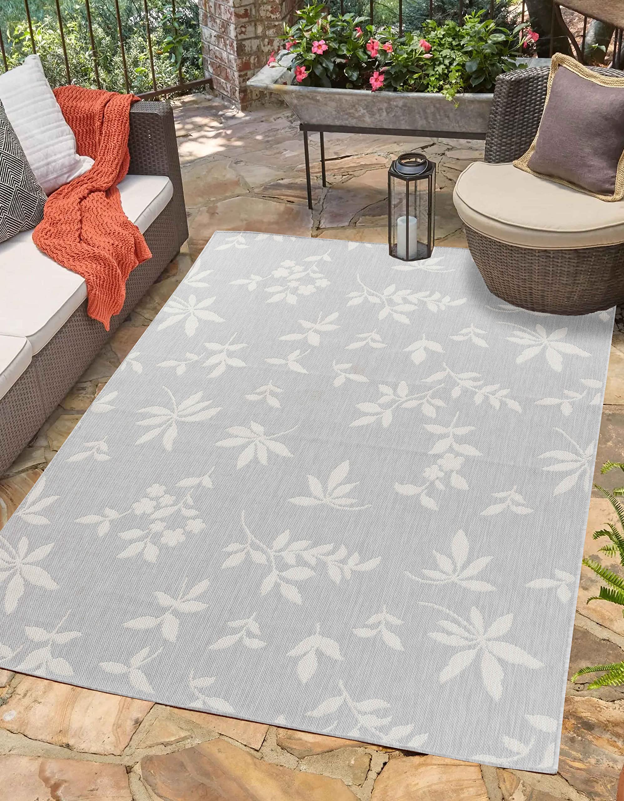 Serdim Rugs Sky Kilim Braided Floral Design Outdoor Rugs, Silver, Rectangle 160 x 230cm