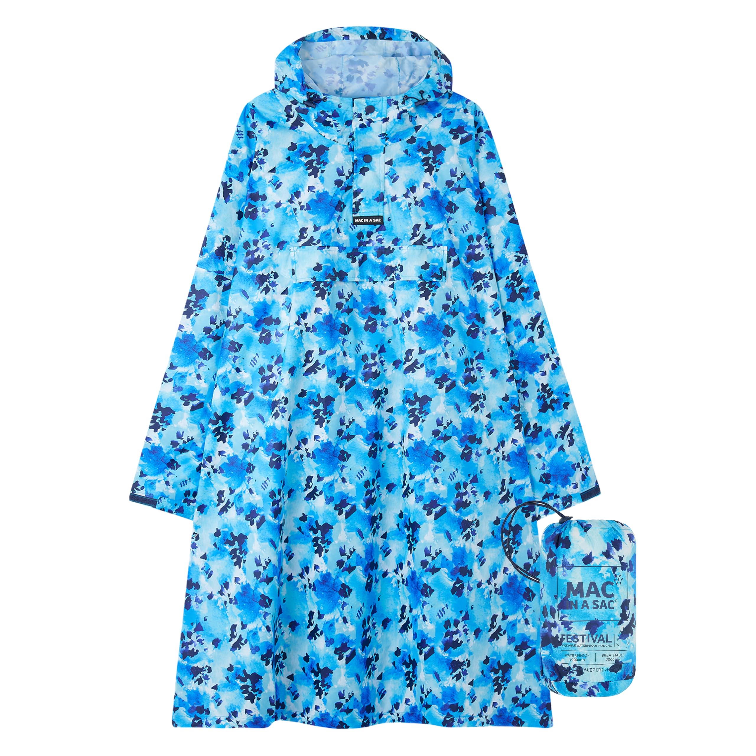Mac in a Sac Festival Poncho - Packable Waterproof Cape - Unisex - Highly Breathable (8,000gsm) - Adjustable Snap Sides - Blue Daze