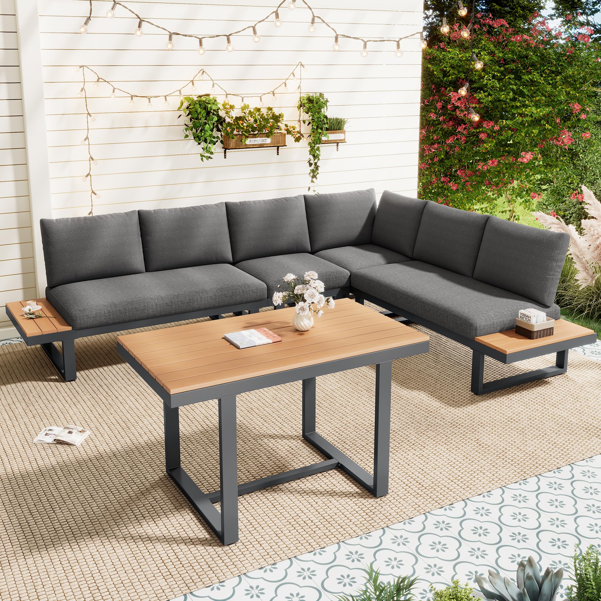 Salon de Jardin Exterieur 6/8 Personnes avec Fonction d'inclinaison Réglable(5 Positions, Jusqu'à 55°), Canapé d'angle Jardin Exterieur avec Plateau en Bois, 1 Table de Jardin Basses, Noir et Gris