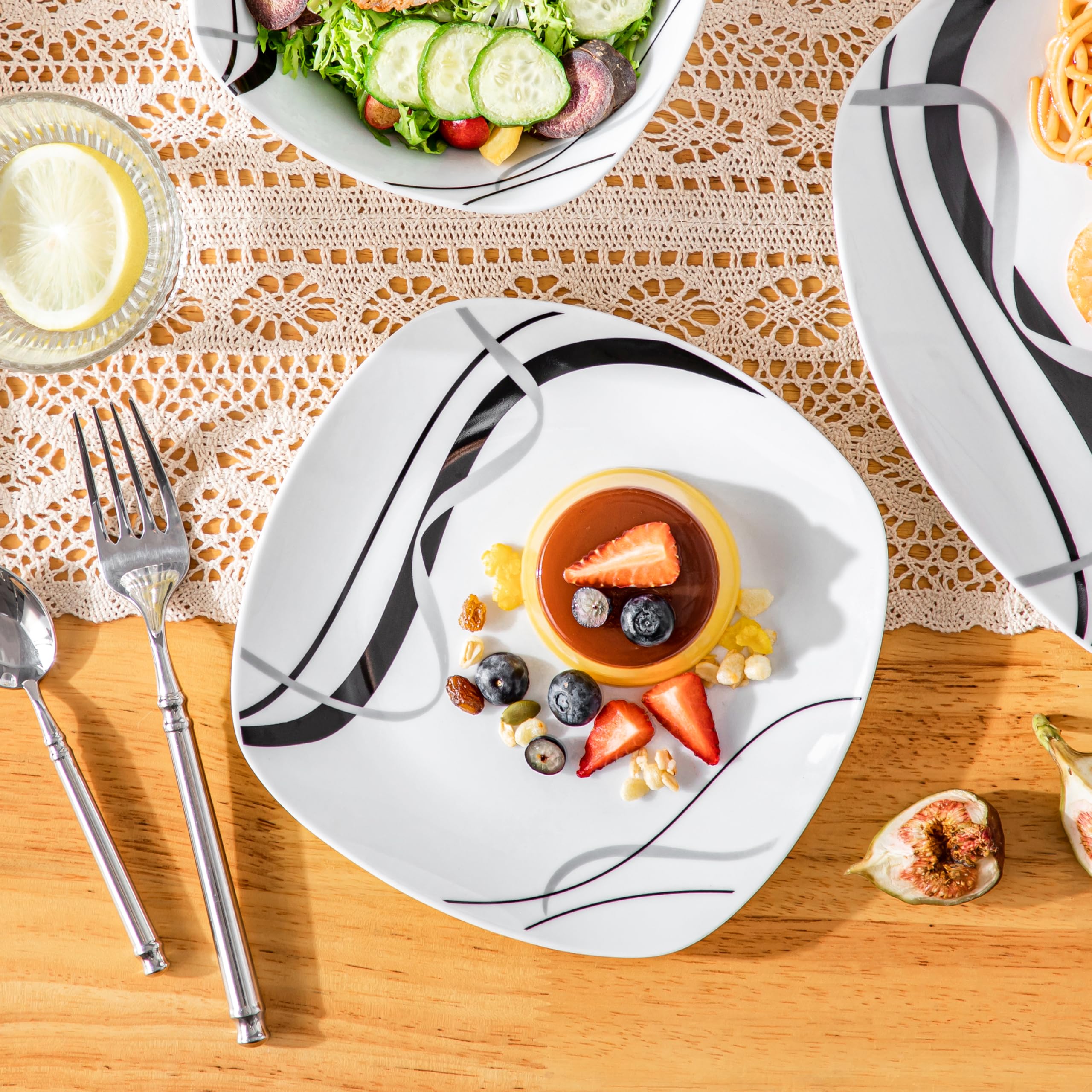 VEWEET Juego de platos y cuencos, vajilla de porcelana para 4, juego de 12 platos que incluye platos llanos, platos de postre y cuencos de cereales, serie Fiona
