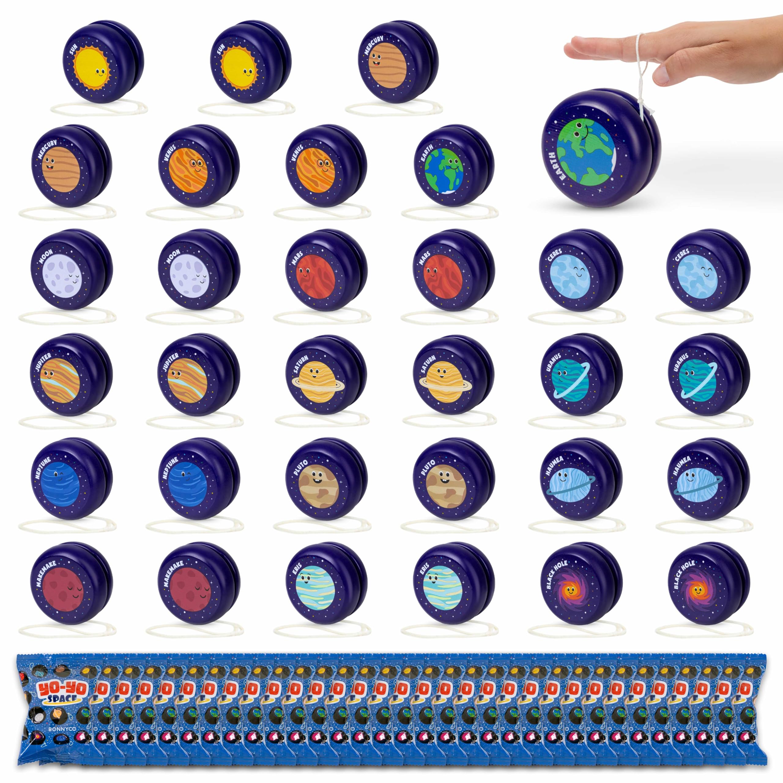 BONNYCO Yoyo Niños Galaxia Pack 32 Regalos Cumpleaños Niños Colegio. Yoyo Madera, Detalles Cumpleaños Infantil Espacio. Pack Yo Yo para Relleno Piñata, Regalos Alumnos Primaria, Regalitos Invitados