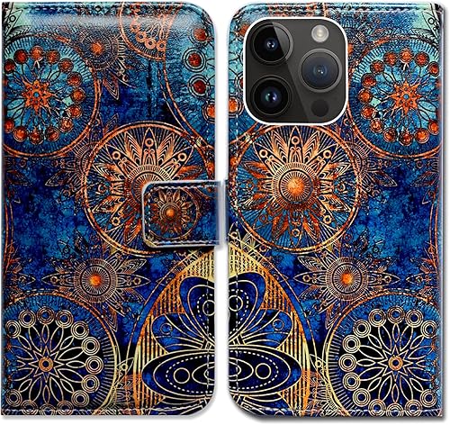 Bcov Funda para iPhone 15 Pro, diseño de mandala circular de colores magníficos con función atril para iPhone 15 Pro