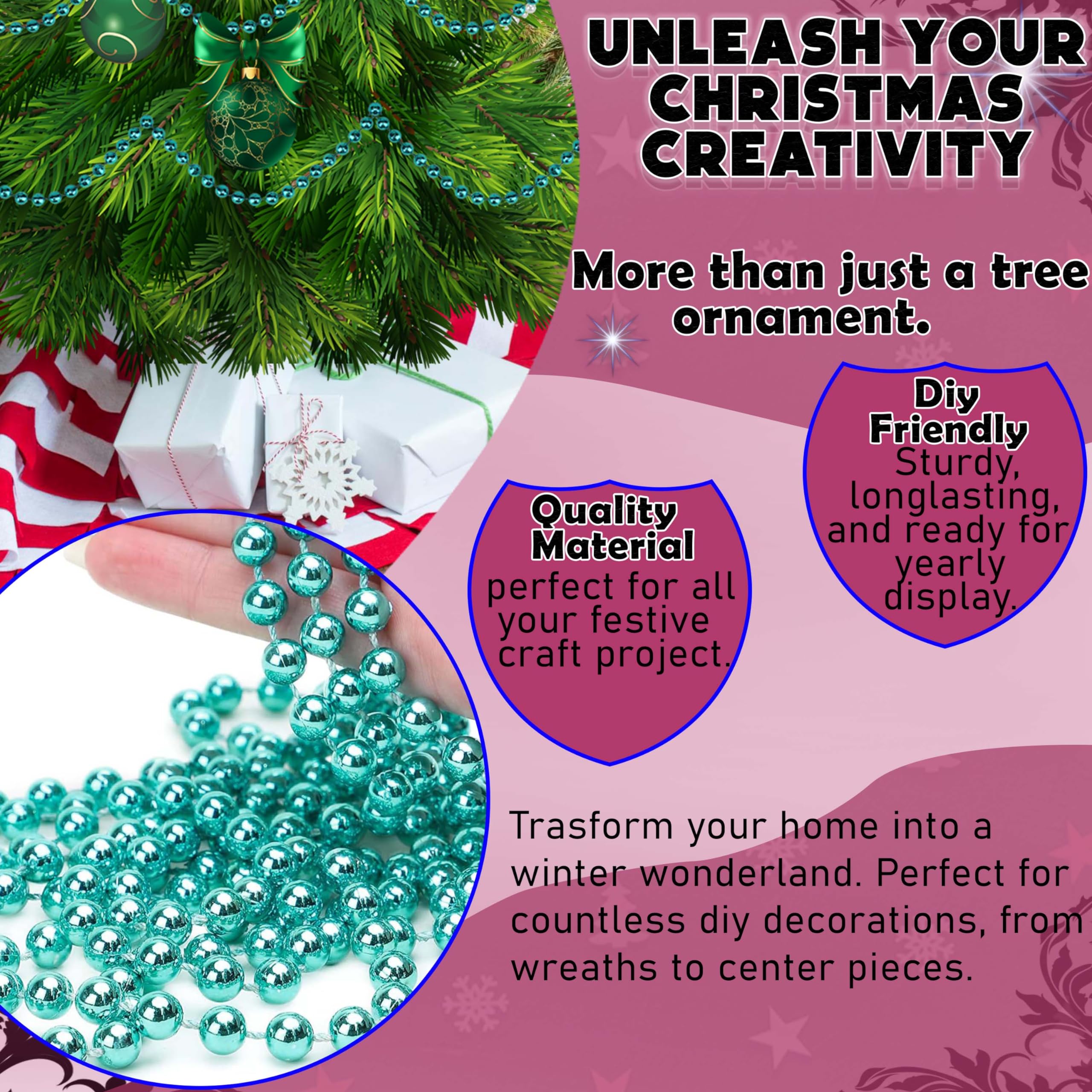 3x Turquoise 10M Bead Garlands, Luxury Plastic Christmas Bead Chains, Shiny Pearl Beads for Xmas Tree Party Decor - Image 3