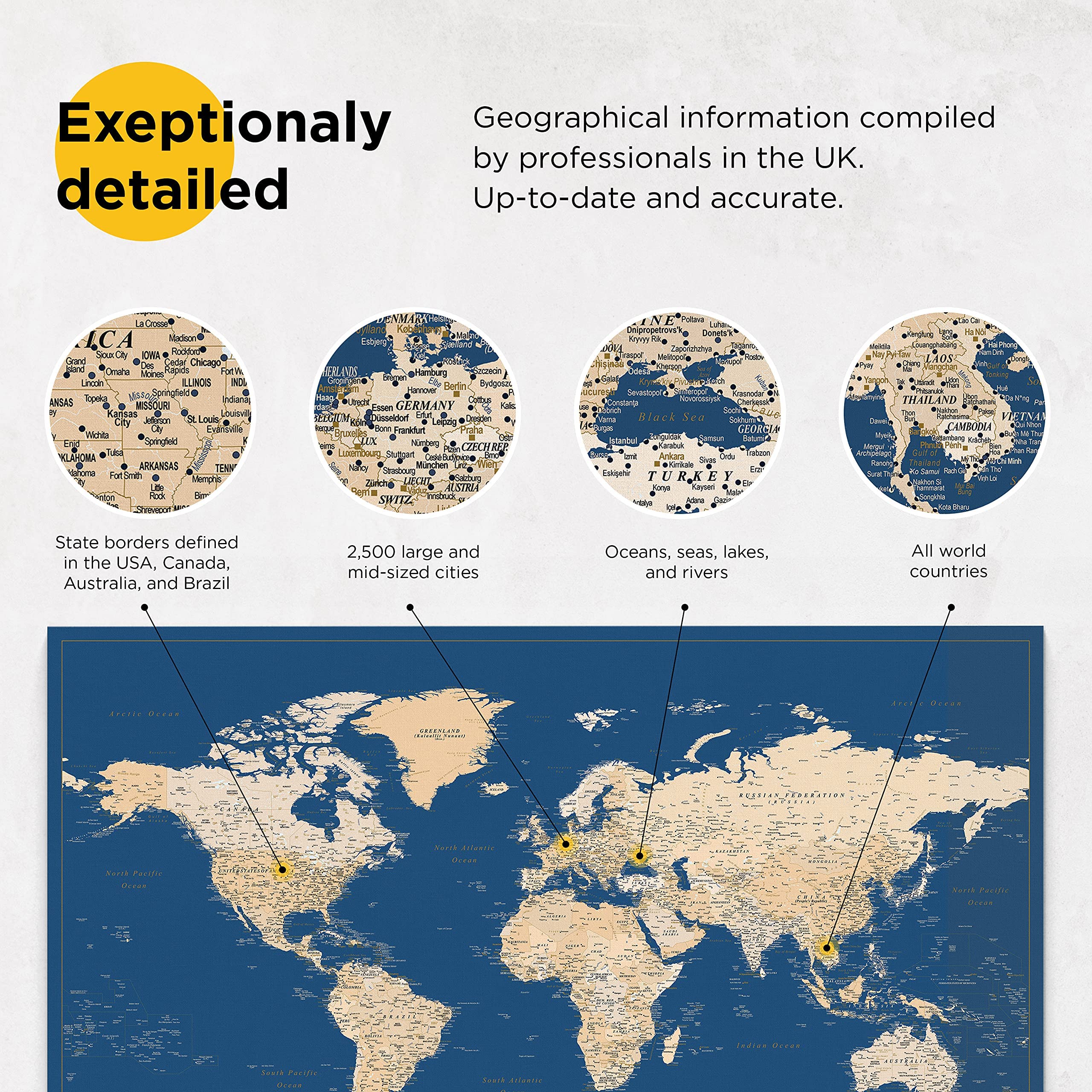 Trip Map Planisfero da Parete – Mappa del mondo - Quadro su tela incorniciato con 100 puntine incluse – Cartina geografica mondo in Blu Scuro - 3 dimensioni