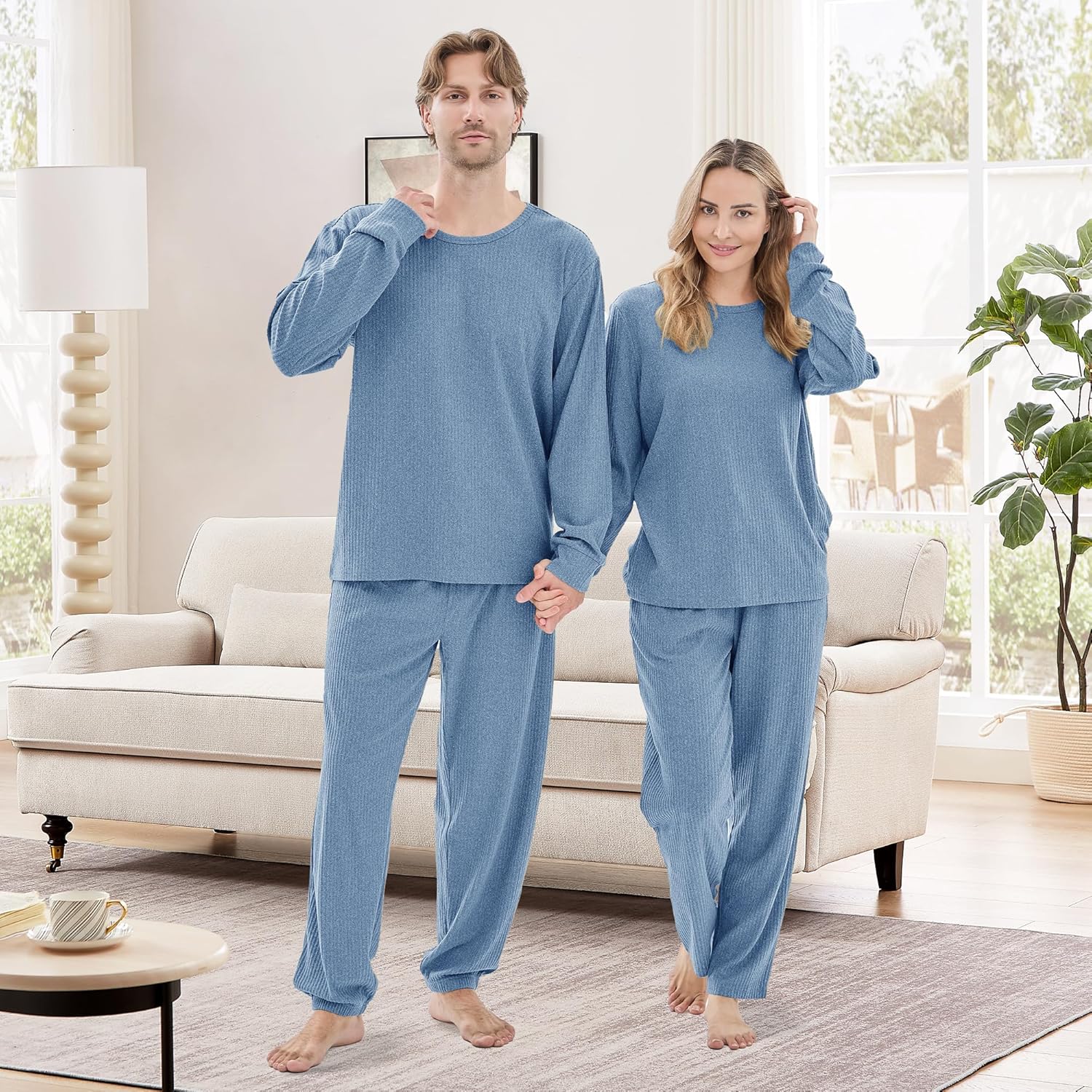 Ribbed Knit Matching Pajamas for Couples - Soft Cozy Pjs Long Sleeve Top & Wide Pant Sleepwear | Home & Lounge - Image 6