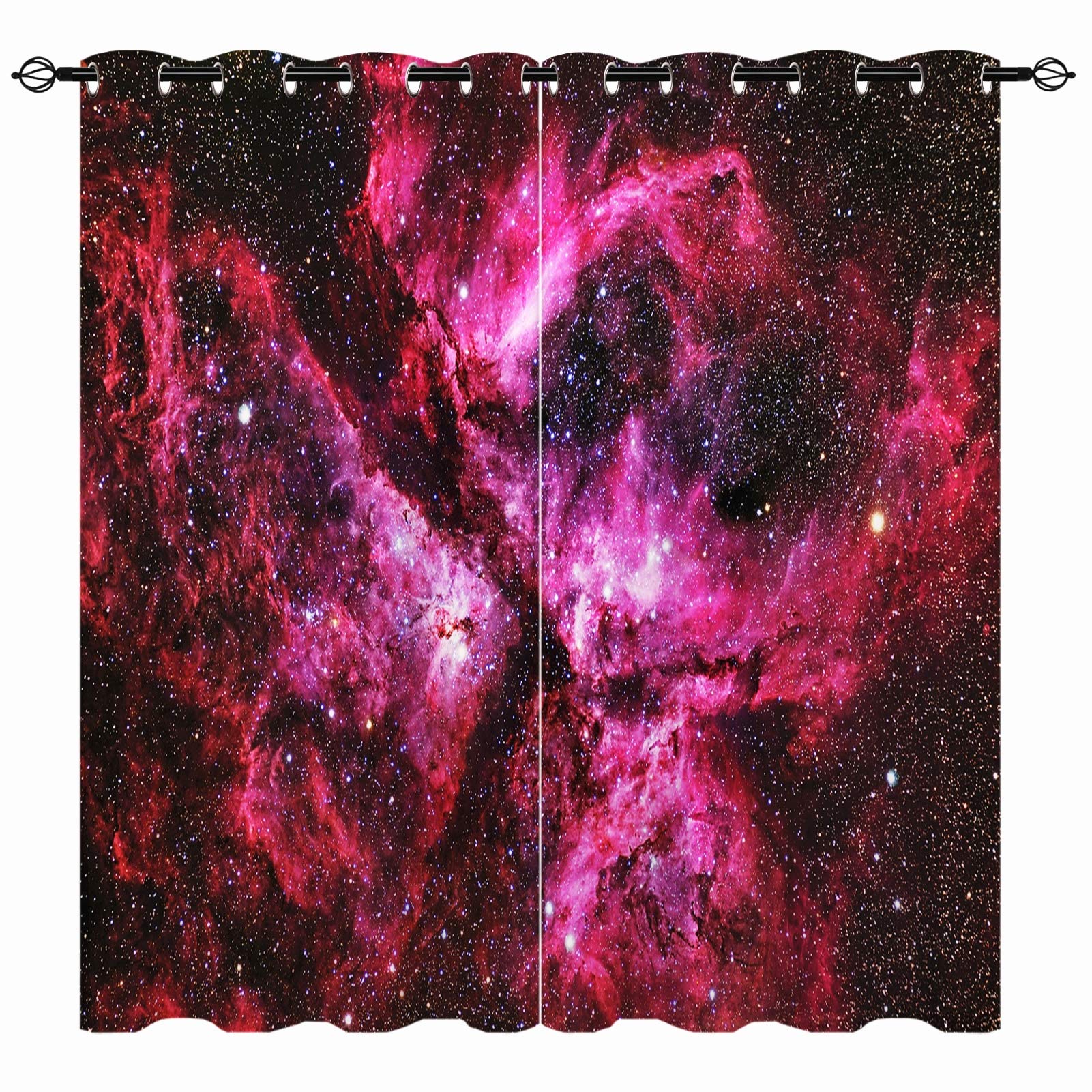 Yuanzu Boys Multi 1 Galaxy Curtains - Space Universe Red Pink Nebula Sky Stars 3D Print Pattern Eyelet Blackout Thermal Insulated & Room Darkening Window Drapes For Kids Girls Bedroom 2 Panels W117cm X D137cm