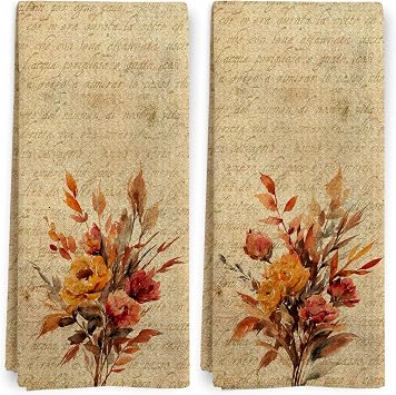 Vintage Floral Kitchen Towels Set of 2, Fall Kitchen Towels, Retro Rose Flowers Dish Tea Towels for Kitchen, Vintage Autumn Bouquet Wildflower Decorative Hand Towels for Bathroom, 16x24 Inch