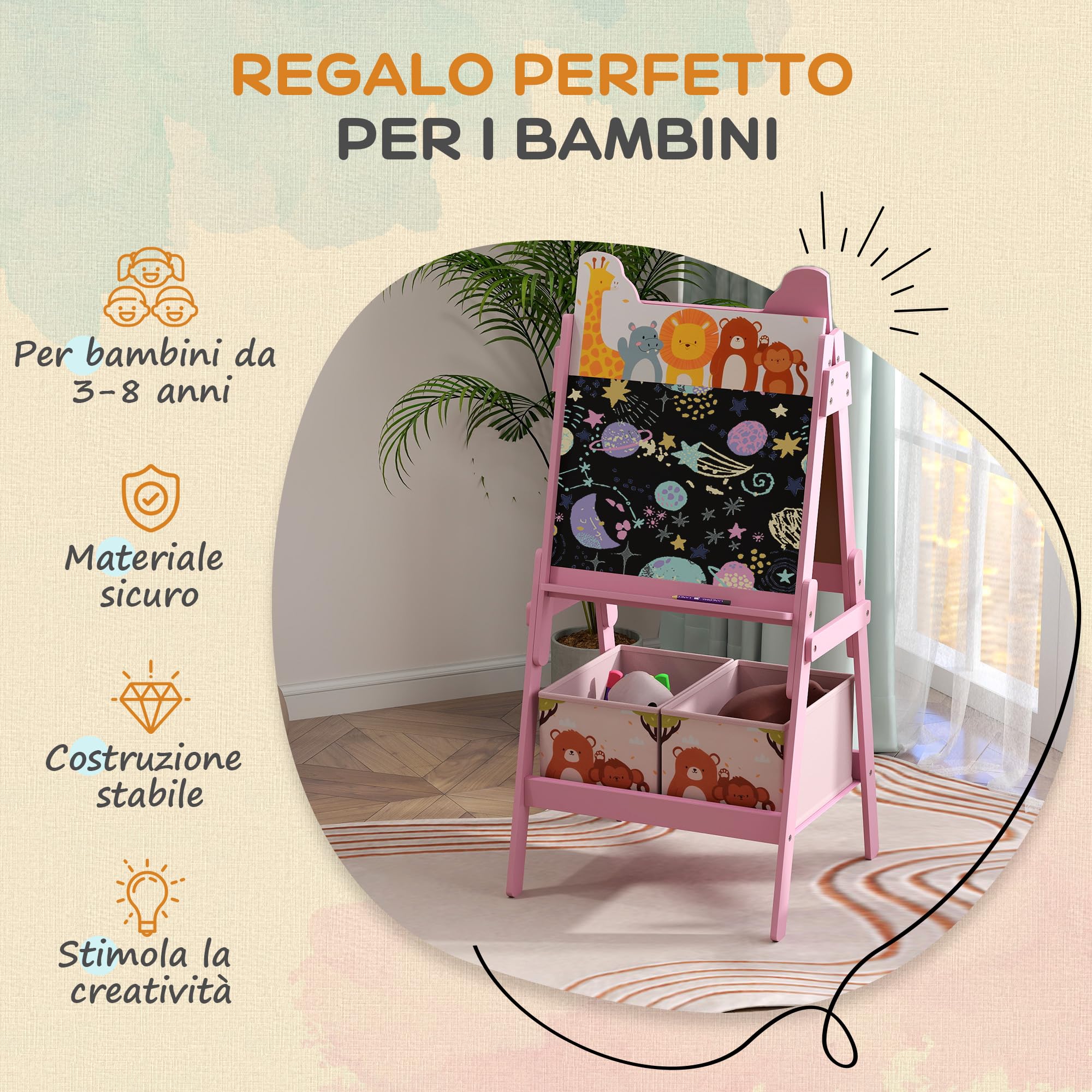AIYAPLAY Cavalletto Artistico per Bambini 3-8 Anni con Lavagna Bianca, Lavagna Nera e 2 Cestini Contenitori, Cavalletto per Bambini in Legno, 53.5x49x113 cm, Rosa