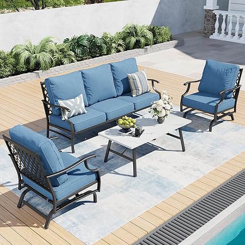 Miniatura 29 de Juego de muebles de patio, 4 piezas de muebles modernos de metal para exteriores, sofá de 3 plazas, 2 sillas mecedoras, mesa de centro y cojín extra