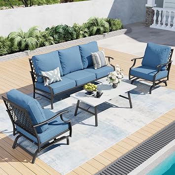 SUNSHINE VALLEY 4 PCS Patio Furniture Set, Navy Blue | 5 Seats Size, Navy Blue Rocker Color, CUSHIONED CHAIRS AND SOFA FOR UPGRADED COMFORT5