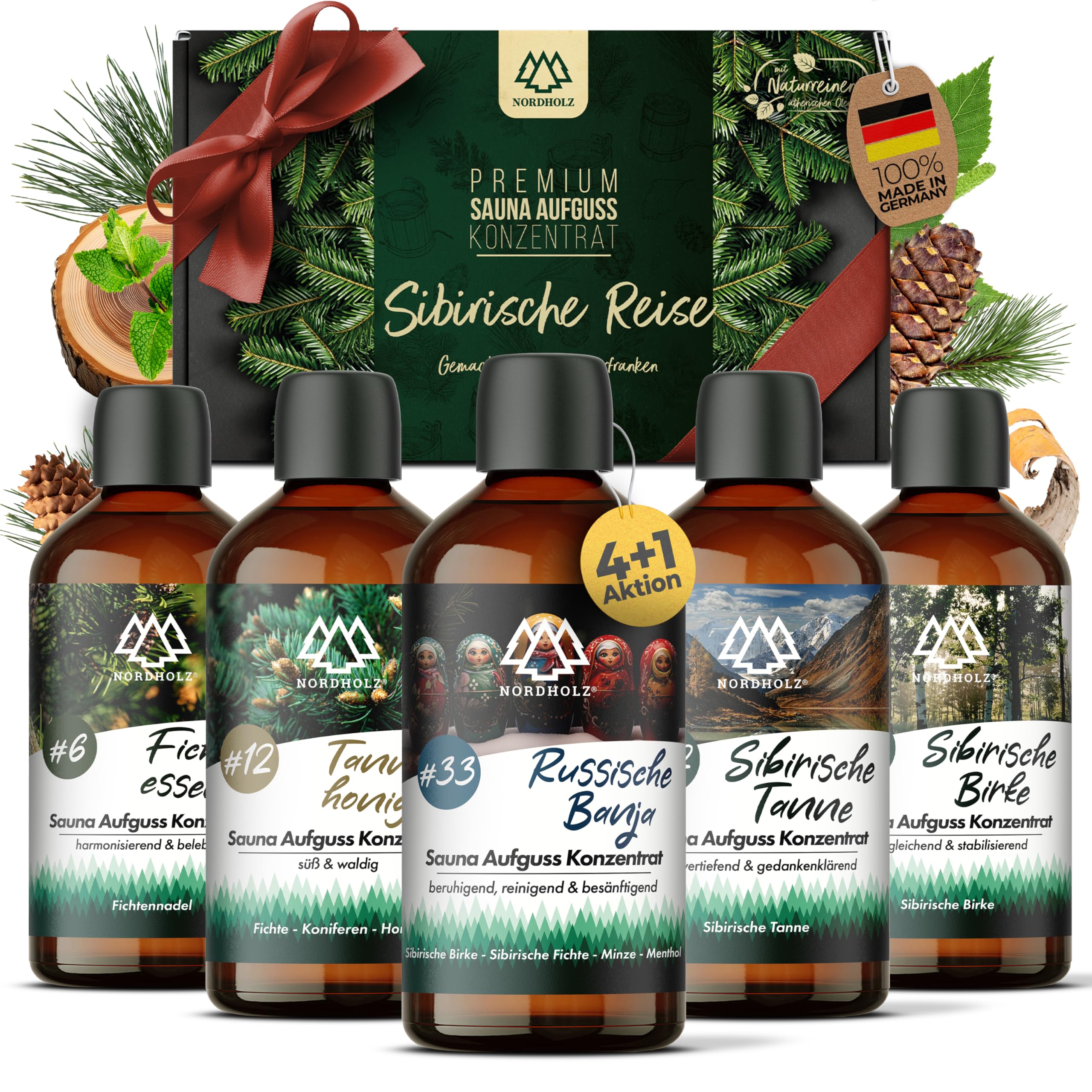 NORDHOLZ® Saunaaufguss Set 5x100ml Sibirische Reise natürliches Sauna Aufgussmittel intensiver Duft Sauna Zubehör