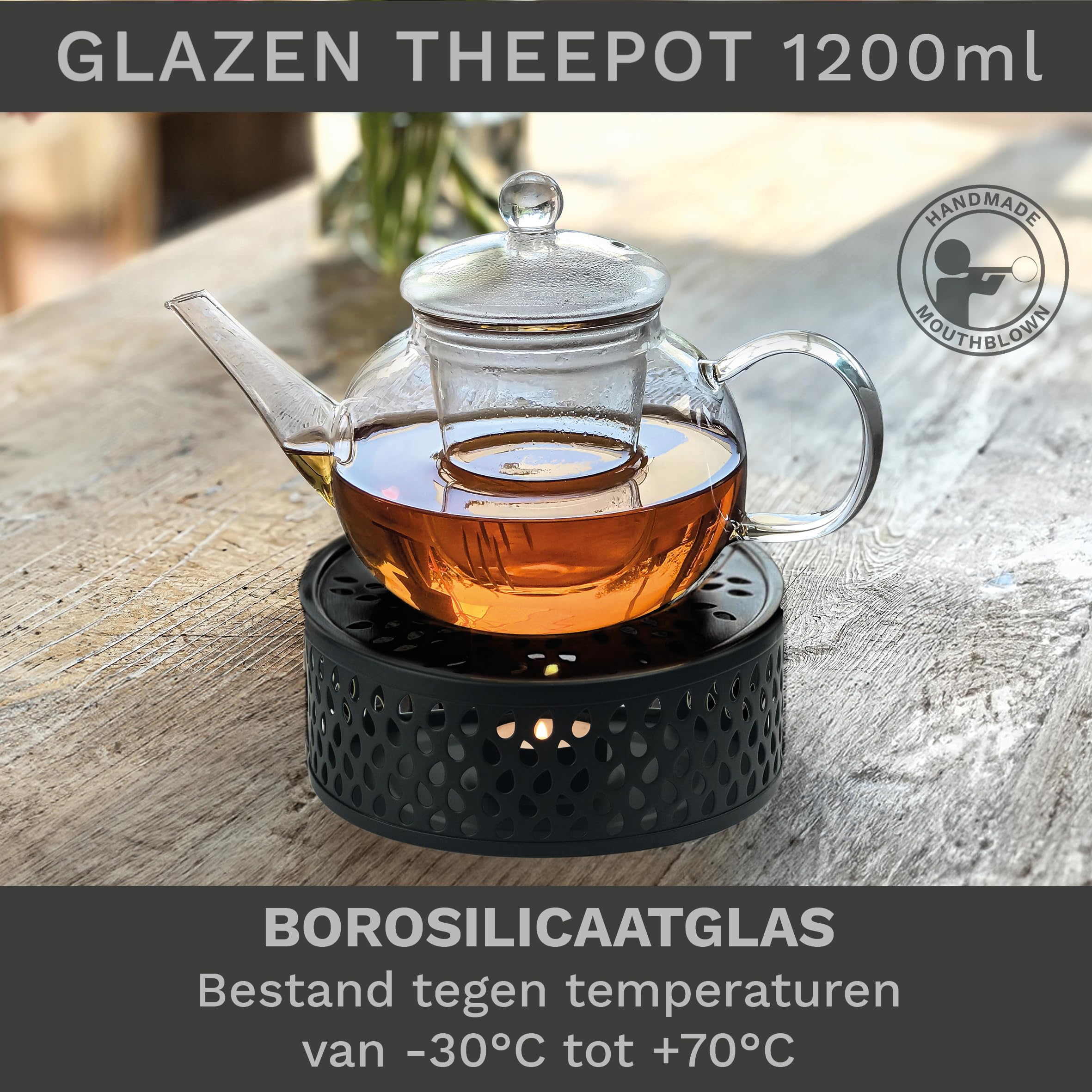 Creano theepot van glas 1,2l een zwart stoofje van roestvrij