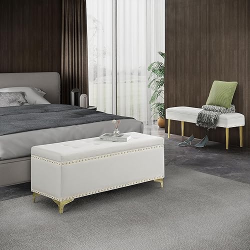 Miniatura 7 de Linique Juego de bancos de almacenamiento, bancos combinados 2 en 1 con ribete de cabeza de clavo, elegante otomana tapizada de terciopelo con